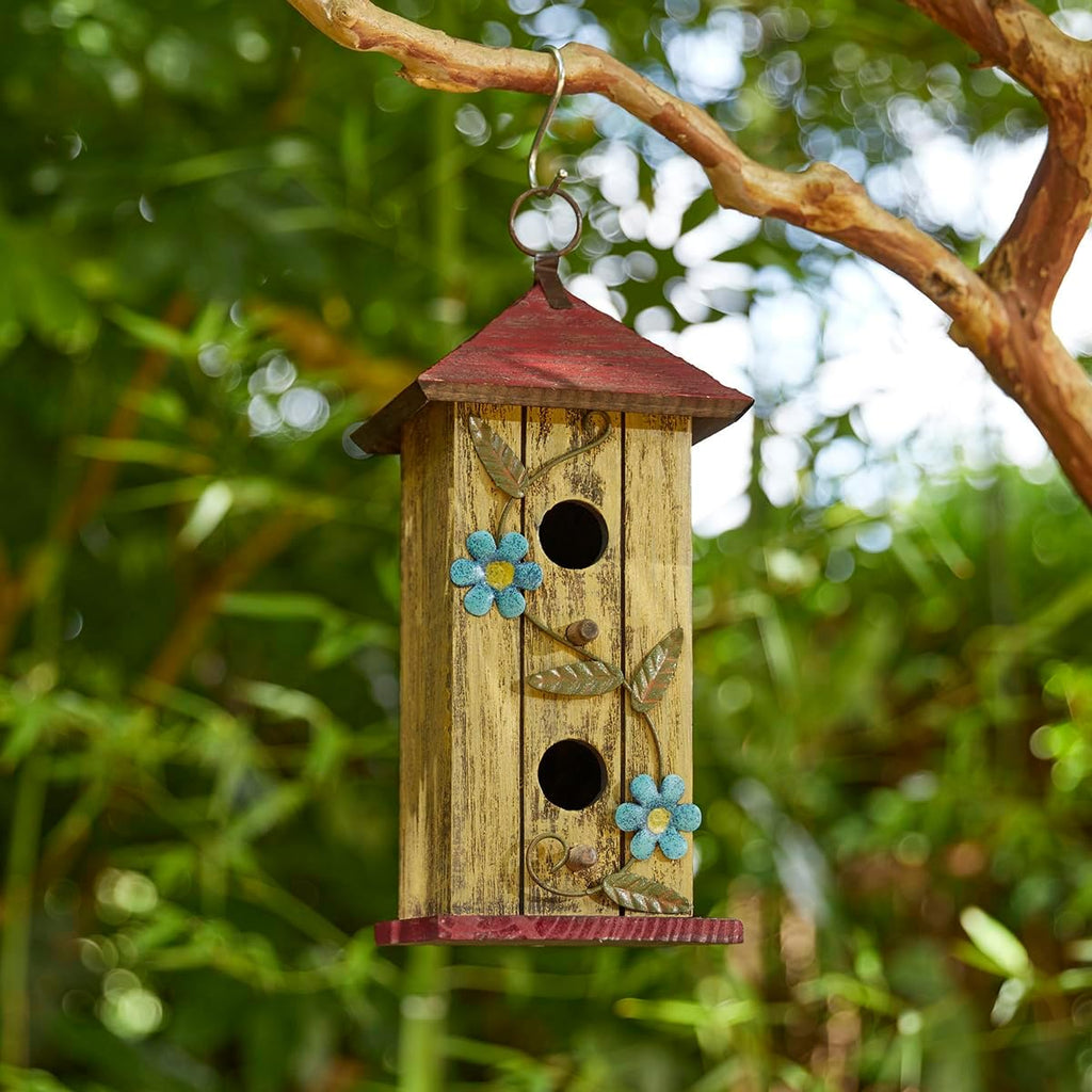 Glitzhome Bird houses for Outside,11.75"H Hand Painted Distressed Wooden Decorative Hanging Bird House for Outdoor Garden Birdhouse with 3D Metal Flower for Swallow Sparrow Hummingbird Finch Cardinals