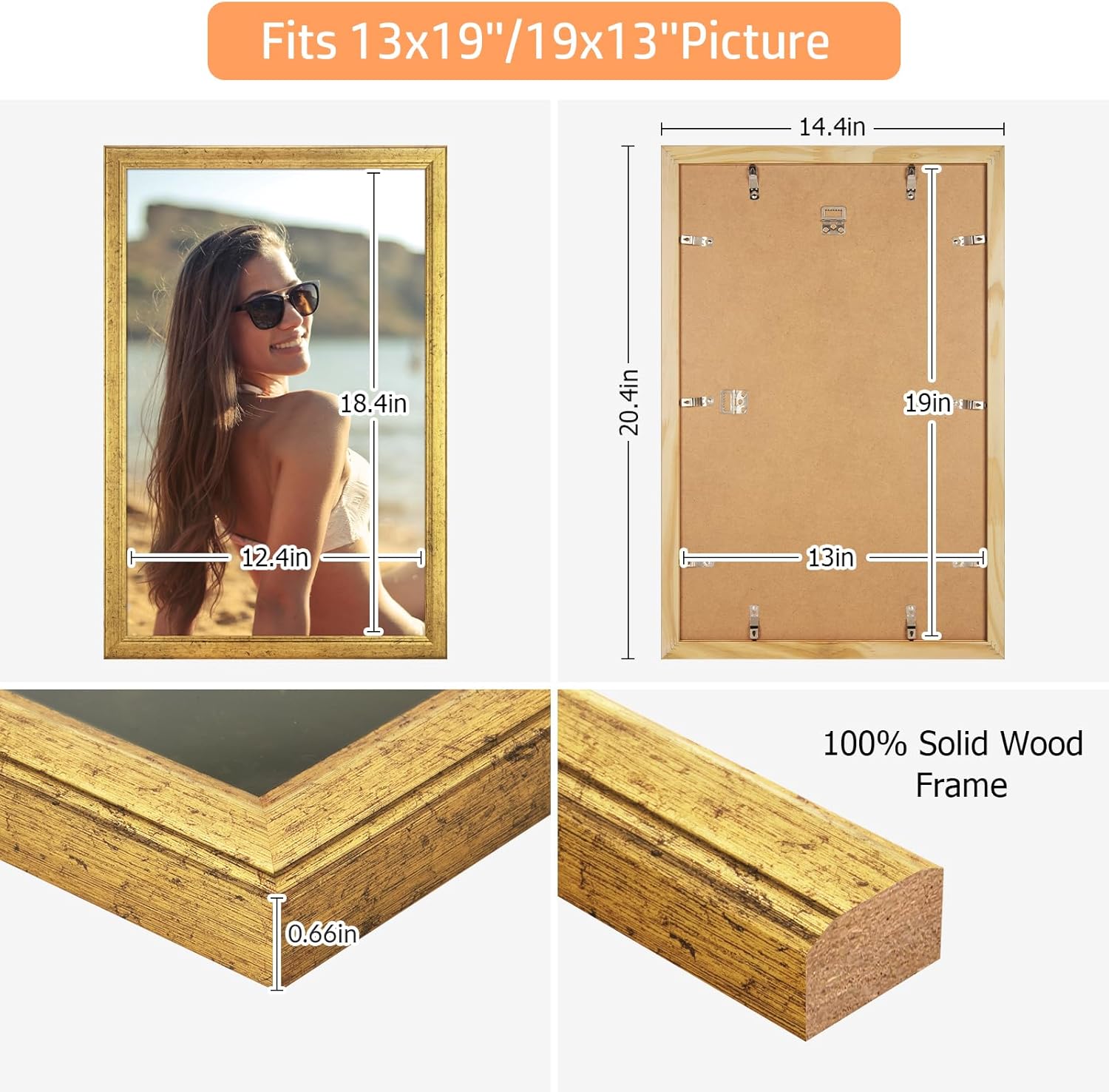 Wood 13x19 Frame Gold, Ornate Natural 19x13in Poster Picture Frame, Modern Golden 13 x 19inch Gallery Wall Photo Frame with HD Plexiglass, Horizontal Vertical Wall Mounting Display 1pcs