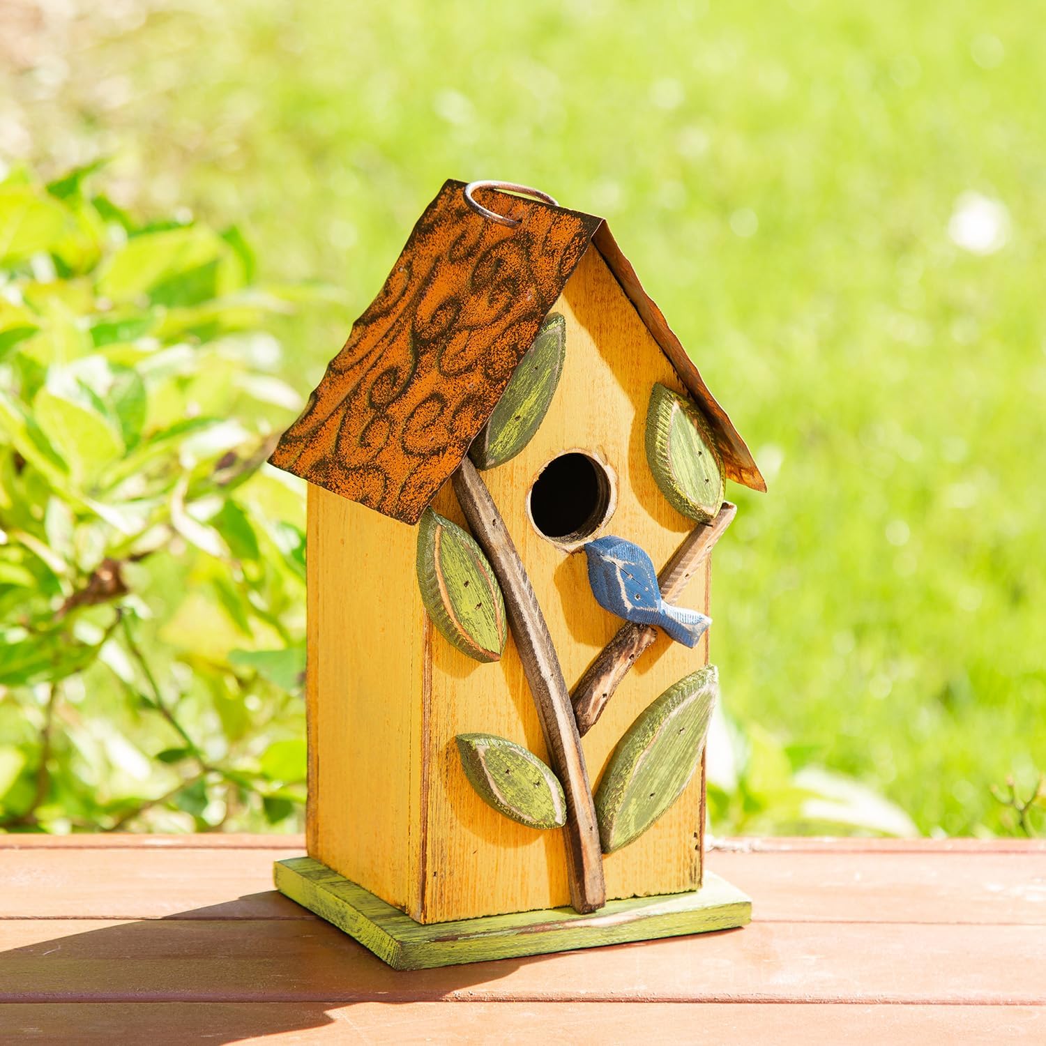Glitzhome Bird Houses for Outside, 9.7" H Rustic Hanging Birdhouse Decorative Pet Cottage Distressed Wooden Birdhouse with 3D Tree Bluebird House for Outdoor Patio Garden, Yellow