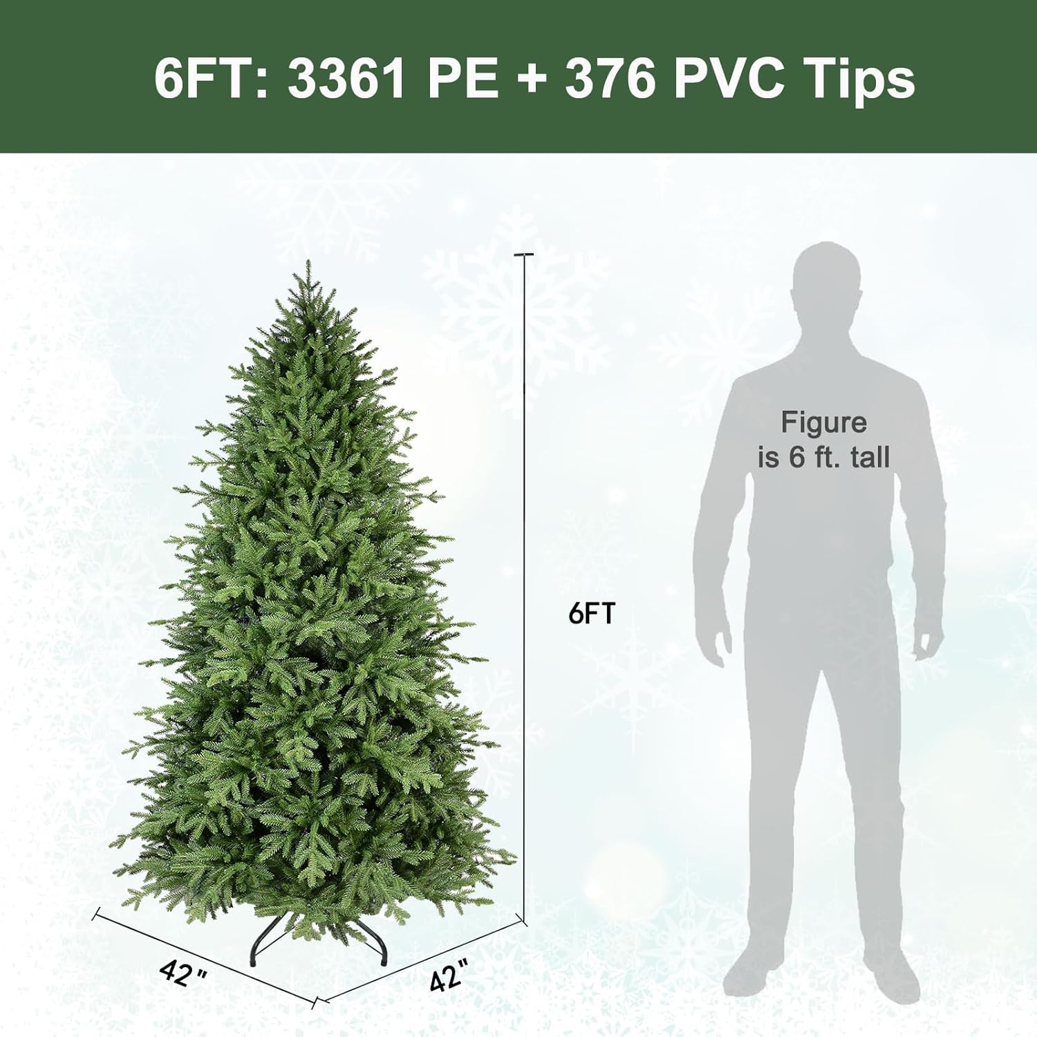 6ft Artificial Christmas Tree with 3361 PE Needles, More Realitic, Unlit Premium Spruce Fake Xmas Trees, Green, Hinged Branches, Foldable Metal Stand