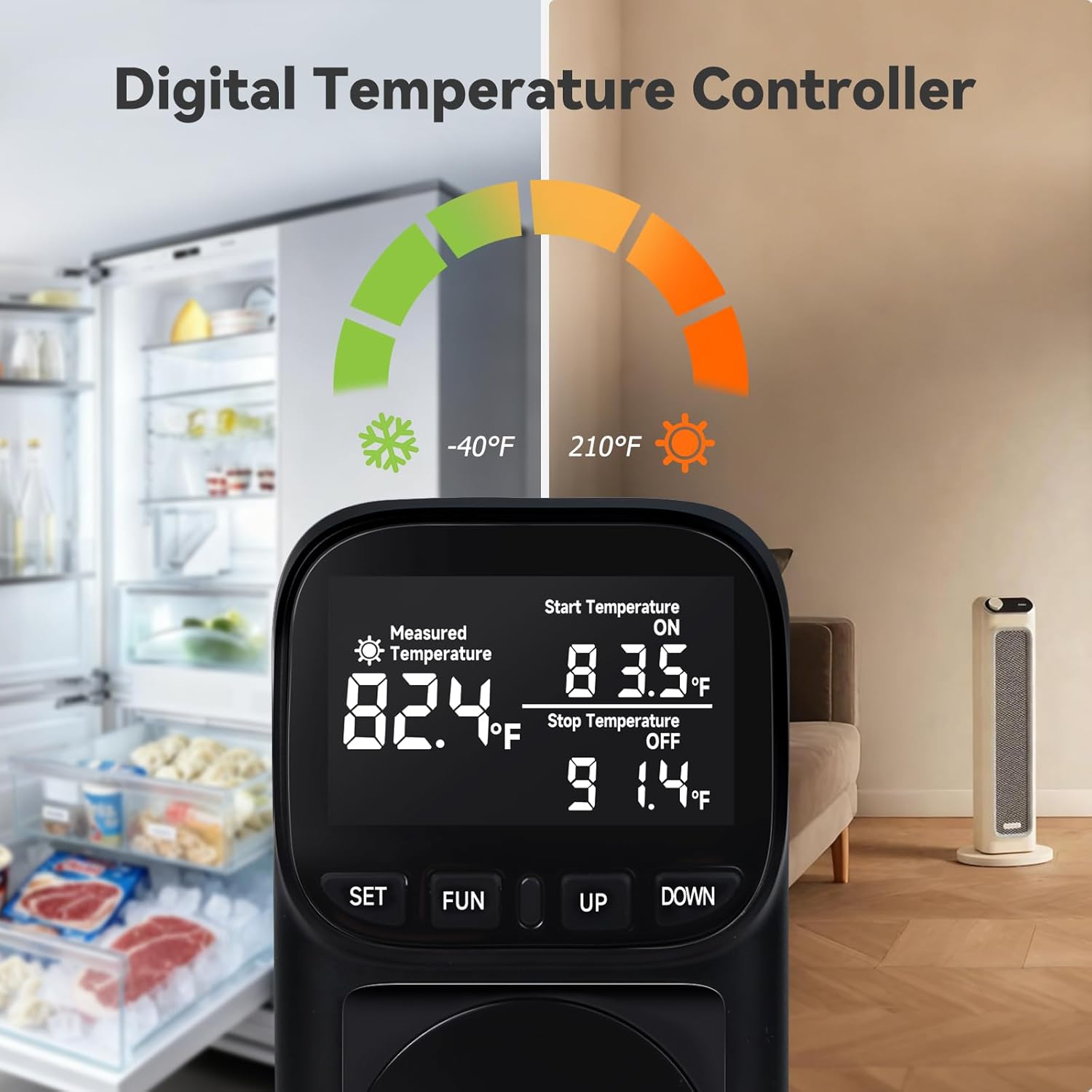 Digital Thermostat Outlet, Plug in Thermostat for Heater, Reptile & Greenhouse - 15A/1800W Temperature Controlled Plug with VA Display, Cyclic Timing/Countdown (-40°F~210°F) Black
