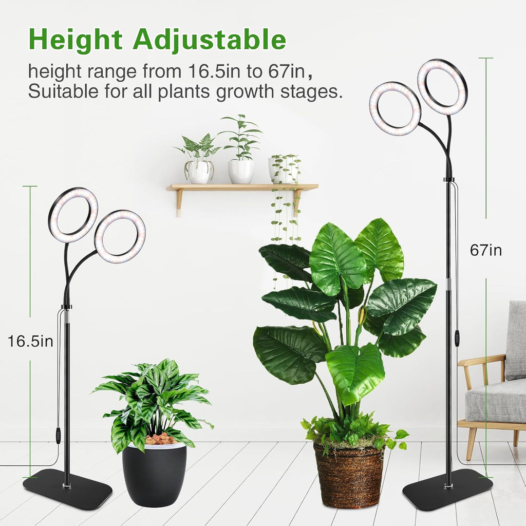 Full Spectrum Grow Light with Stand for Indoor Plants, Floor Plant Light, 3/9/12H Timer, 3 Color Modes, Adjustable Height 16.5–68in, for Large Plants & Home Décor(2 Heads)