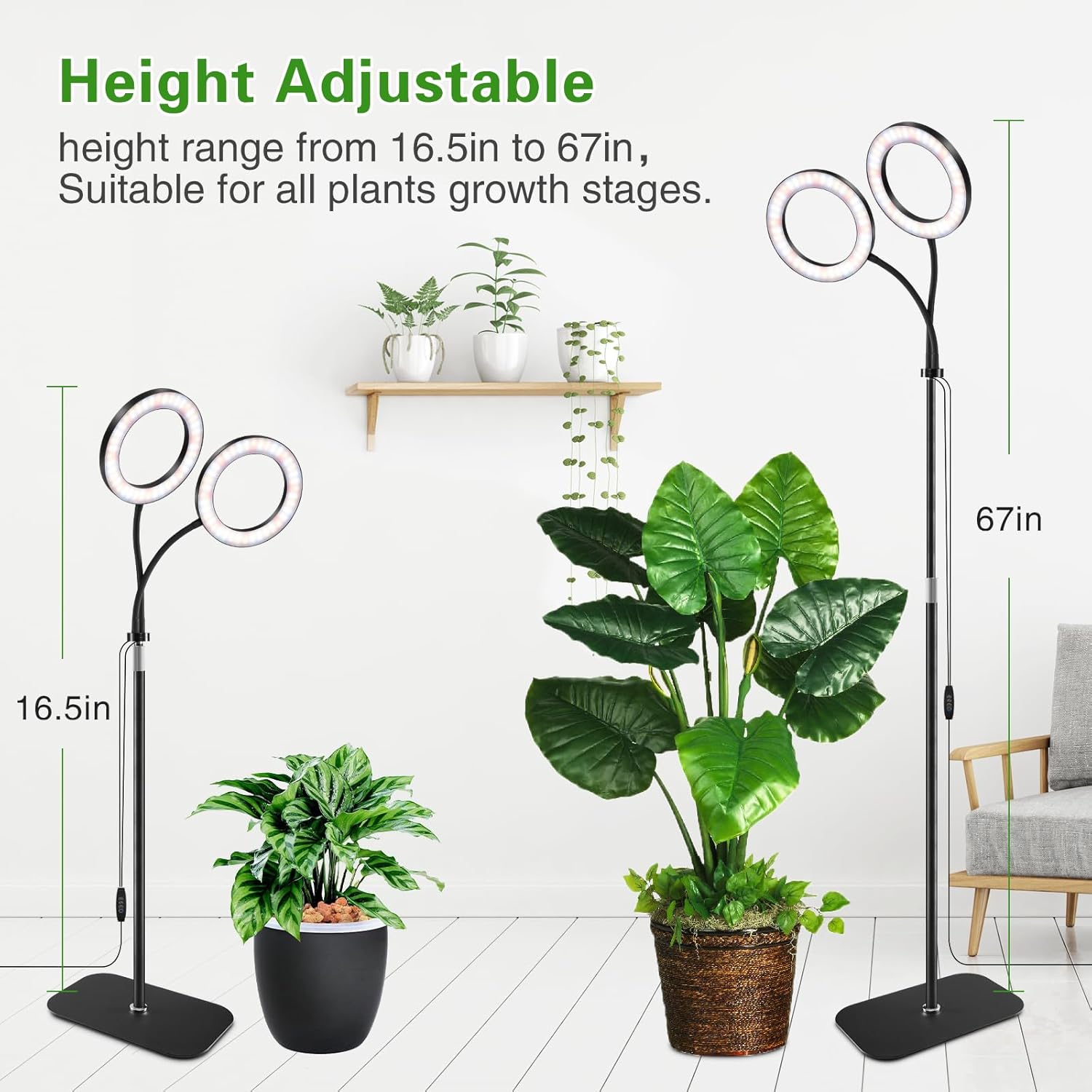 Full Spectrum Grow Light with Stand for Indoor Plants, Floor Plant Light, 3/9/12H Timer, 3 Color Modes, Adjustable Height 16.5–68in, for Large Plants & Home Décor(2 Heads)