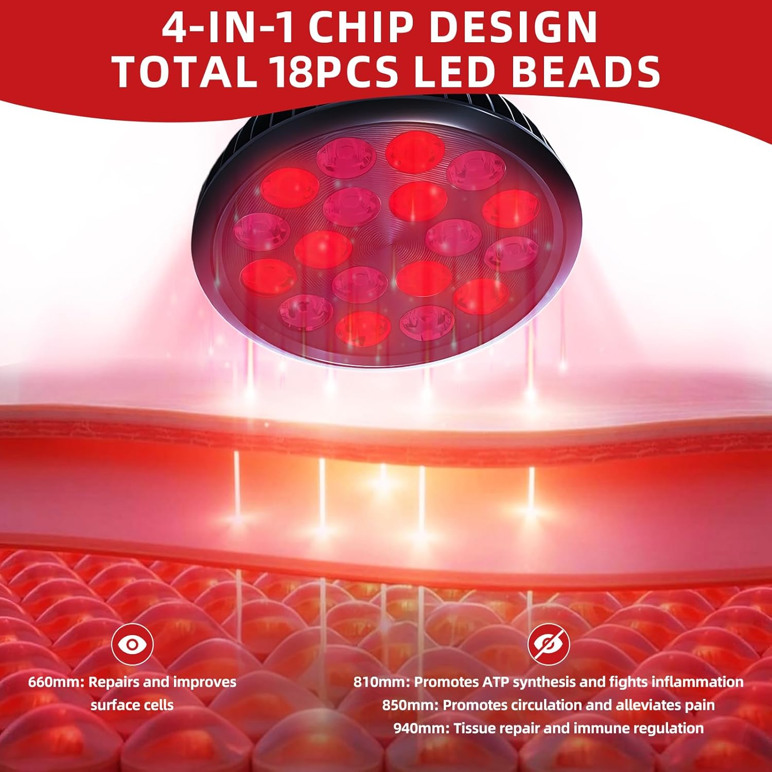 ENJlEYI Red Light Therapy, 660nm 810nm850nm 940nm, 18 Dual chip LEDs, Aluminium Shell, Portableand Targeted High lrradiance for Skin, PainRelief, Anti-Aging, Muscle Recovery