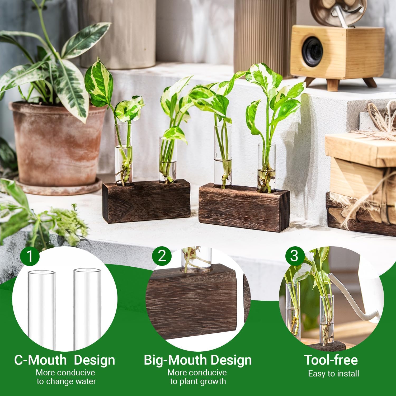 Propagation Station, Plants Terrarium, Plants Lover Gifts for Women,Plant Cutting Holder Home décor,Gifts for Women,House Warming New Home-4 Tubes-Brown