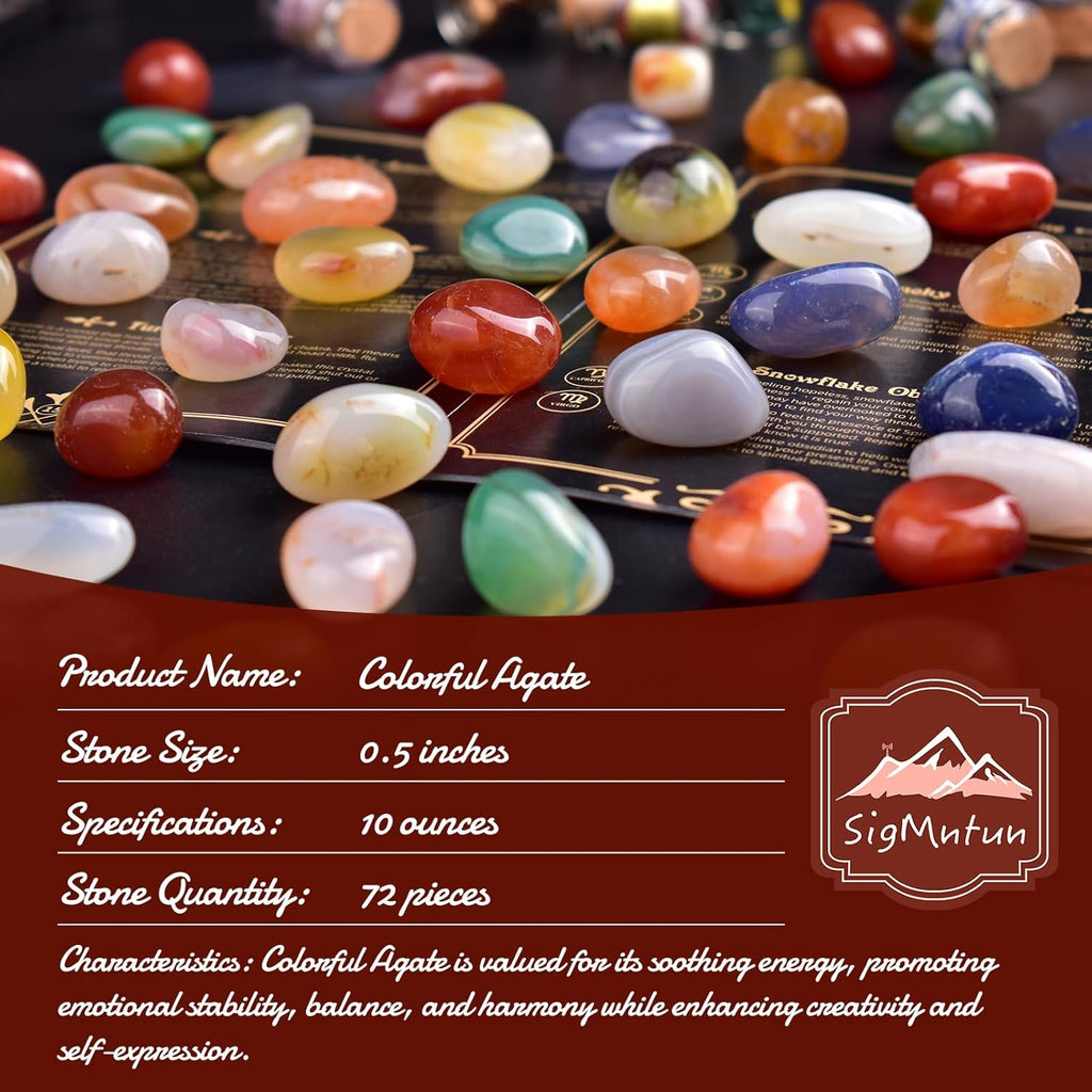 Polished Colorful Agate Crystal Stone Set - 72 Pcs, 0.5" 10 oz Handpicked Natural Tumbled Gemstones Rocks Quartz, Pebbles for Reiki, Chakra, Healing, Home Decor