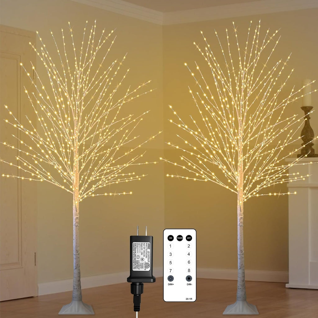 2Pack 6FT Lighted Birch Tree with 880 LED Warm White Lights, 8 Twinkle Modes, Timer, Dimmable Artificial Light Up Twig Christmas Tree for Indoor Outdoor Xmas Holiday Party Decor