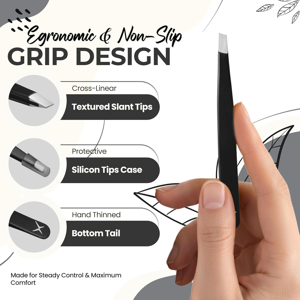 Professional Slant Tip Eyebrow Tweezers for Women & Men – Precision Hair Removal Tool – Stainless Steel Tweezers for Eyebrow Shaping, Facial Hair, Ingrown Hair & Splinter Removal (Lustrous Black)