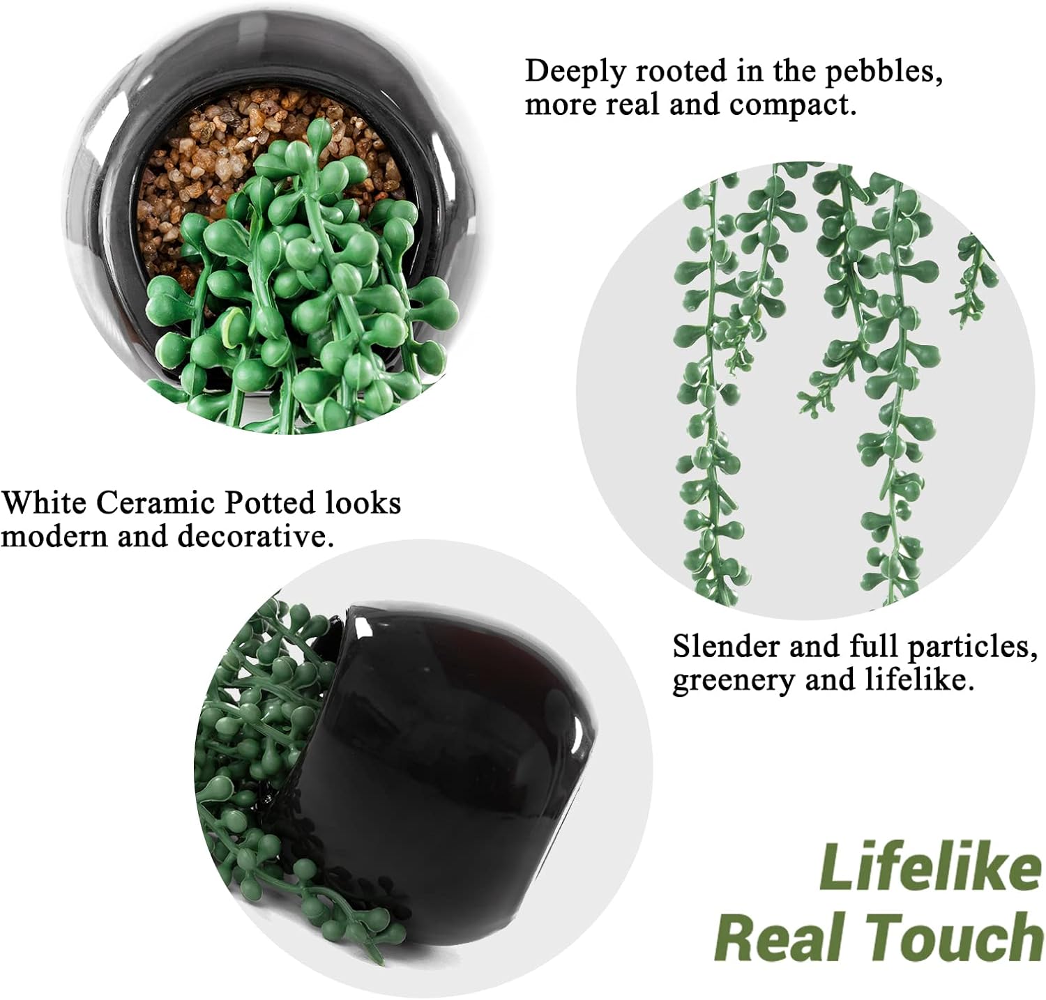 Tiita Artificial Hanging Plants, Faux Succulents in Pots, Realistic String of Pearls Plants for Home Office Accessories Window Sill Bathroom Bedroom Fake in Black Ceramic Pots, Set of 2