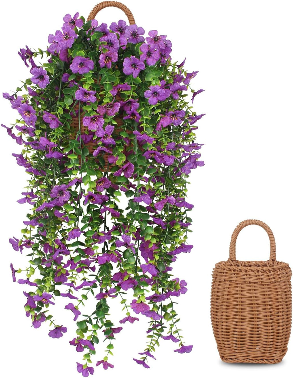 3 PCS Artificial Fake Hanging Flowers Plants with Basket for Spring Outdoor Outside Decoration, UV Resistant Faux Plastic Fabric Flower for Garden Porch Patio Balcony Yard Decor（Purple）