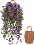3 PCS Artificial Fake Hanging Flowers Plants with Basket for Spring Outdoor Outside Decoration, UV Resistant Faux Plastic Fabric Flower for Garden Porch Patio Balcony Yard Decor（Purple）