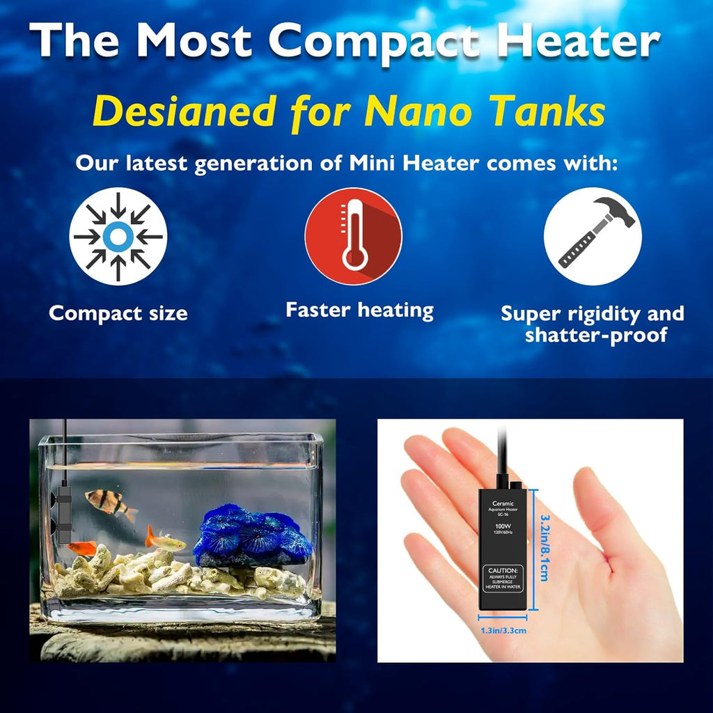 Aquarium Heater 100W Alumina Ceramic Betta Heater Adjustable Submersible Fish Heater Small Fish Tank Heater Turtle Heater with Digital Display Thermostat, for 10-20 Gallon Tanks
