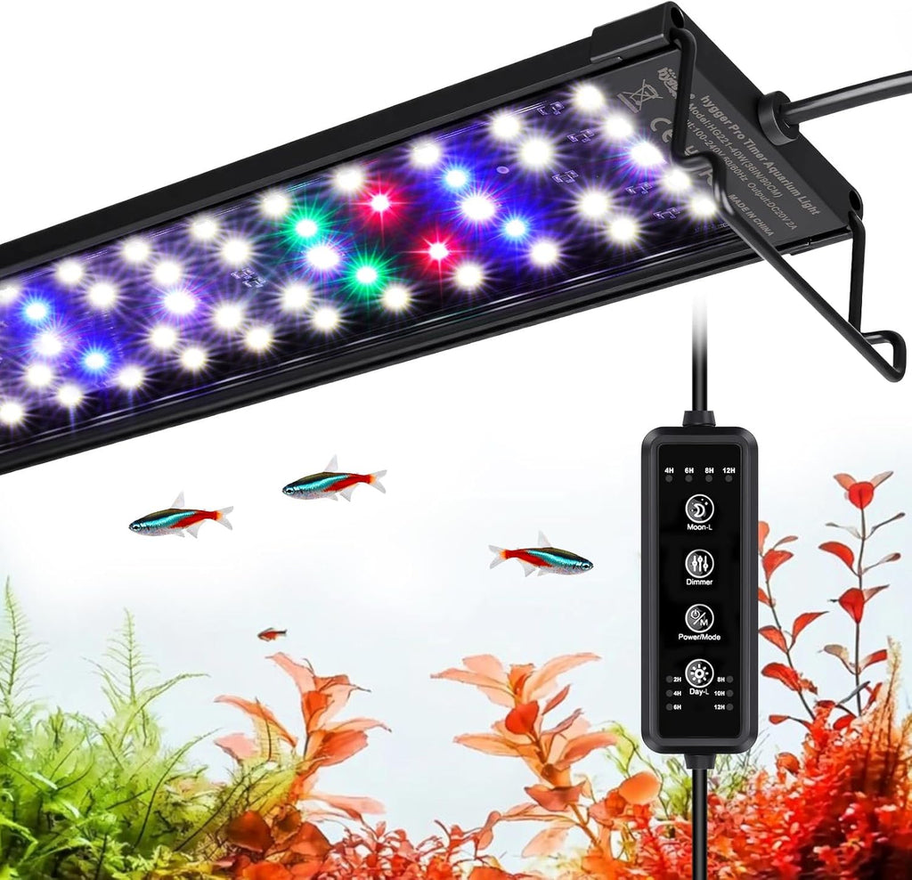 hygger LED Aquarium Light with Timer, 40W Full Spectrum Fish Tank Plant Growth Lamp, 24 H Remote Control, Adjustable Brightness & 10 Colors, Extendable Bracket, Power-Off Memory, Fits 36-48 Inch Tank