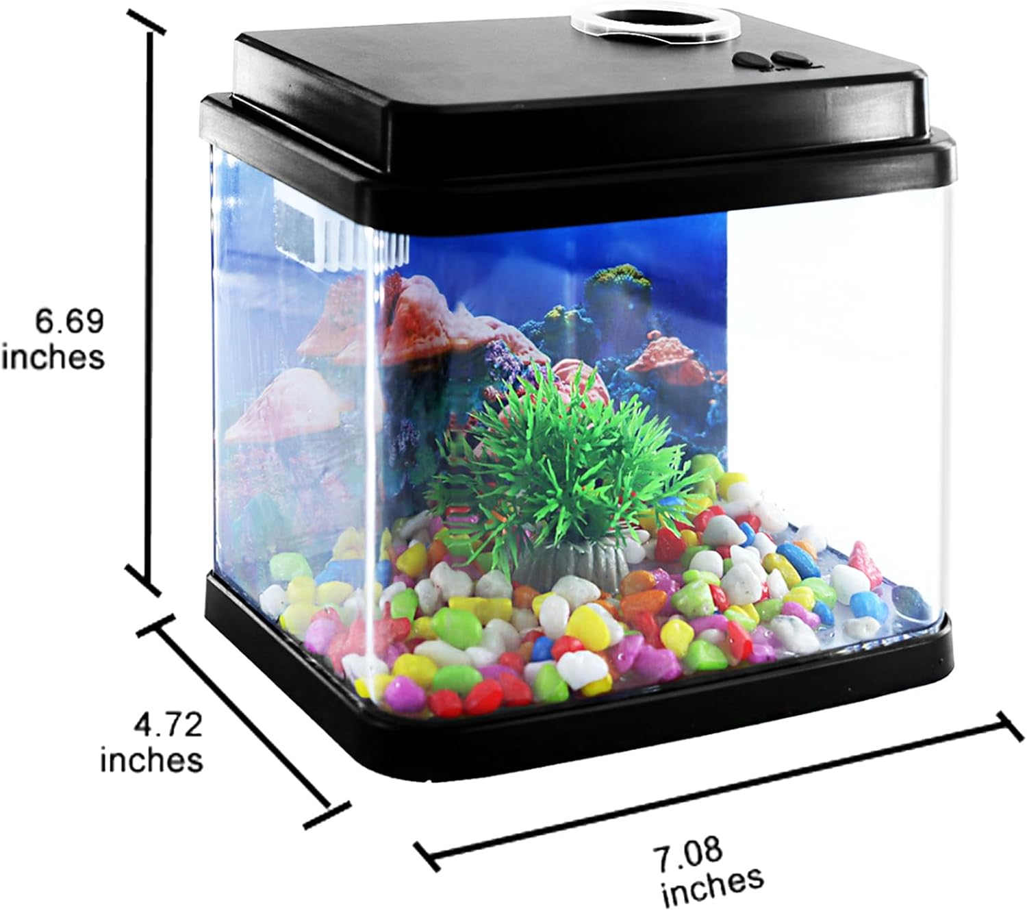 Mini Fish Tank Small Aquarium 1 Gallon Fish Bowl 6 Color Auto-Looping Light 3 in 1 Quiet Pump with Filteration & Oxygenation & Circulation,Submarine Background,Thickened Base