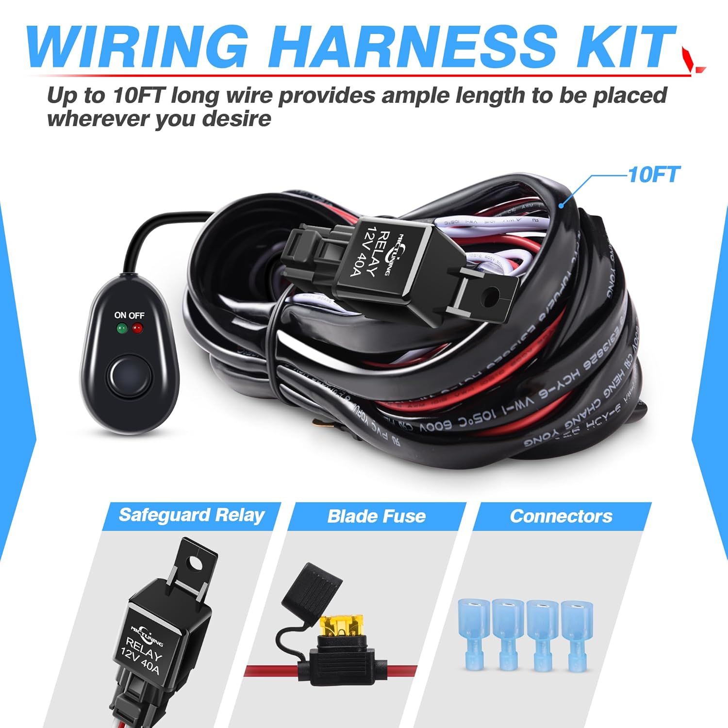 MICTUNING LED Light Bar Wiring Harness Off Road Power 40A Relay Fuse ON-Off Switch (2 Lead)