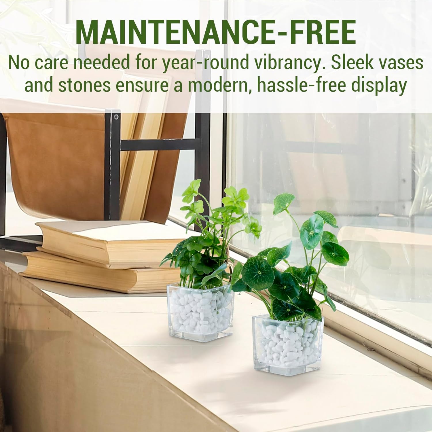 MyGift Artificial Clover and Taro Plants in Clear Glass Vase with Decorative White Stones, Set of 3