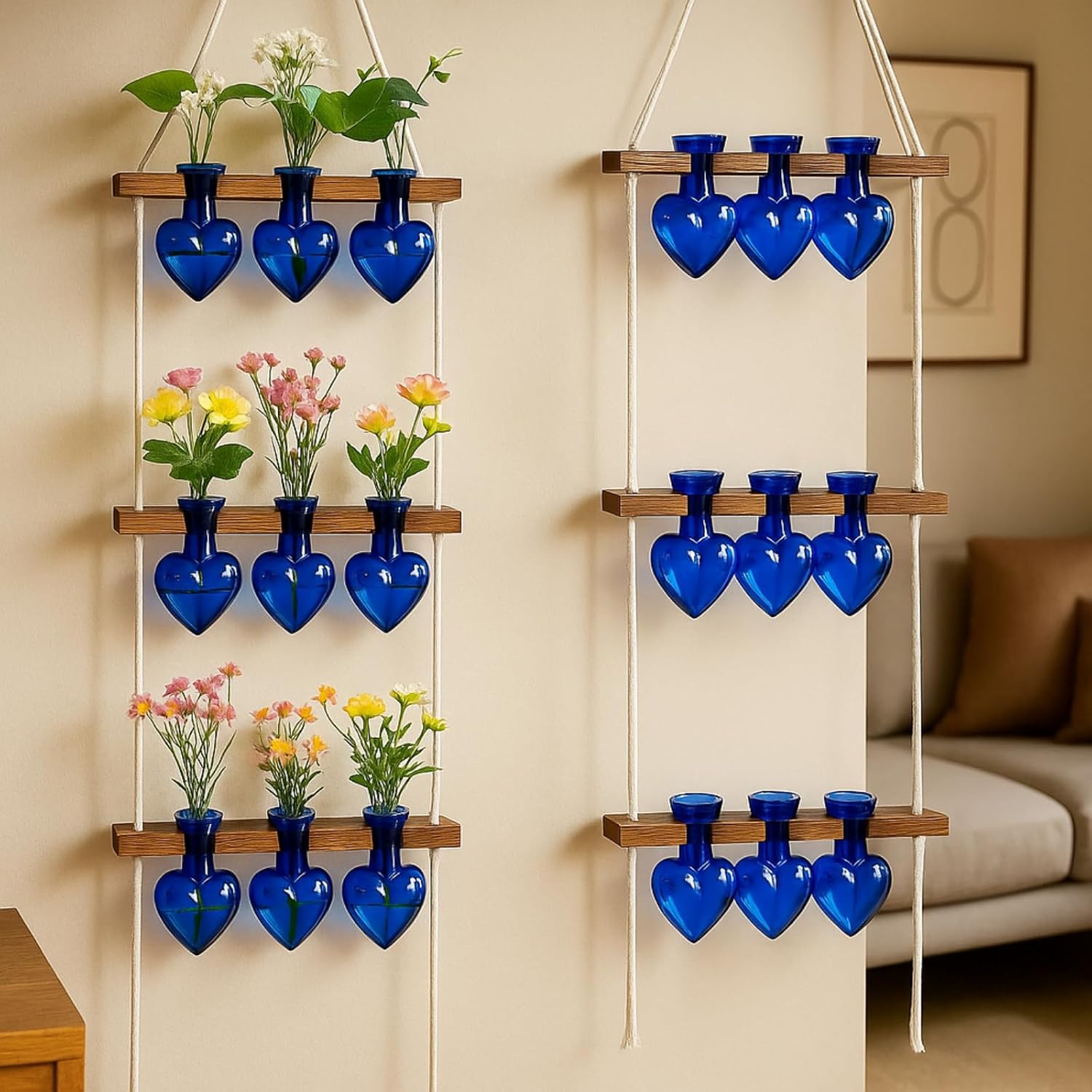 Leinuosen Plant Hanging Propagation Station Wall Hanging Planters Terrarium with 3 Tiered Wooden Stands for Home Garden Decor Hydroponics Plant Lovers Gifts- 9 Glass Vases (Heart Shaped,Blue)