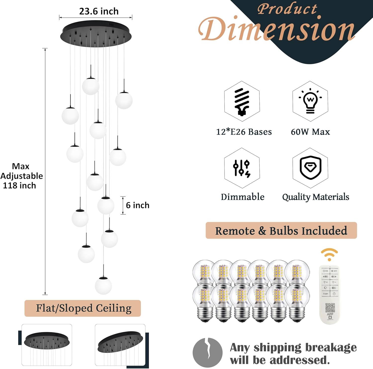 KoKo&Yukina 12-Light Black Mid Century Modern Chandelier for Living Room Staircase Chandelier for Entryway Globe Milky White Glass Pendant Light High Ceiling Chandeliers Foyer (Bulb & Remote Incl.)