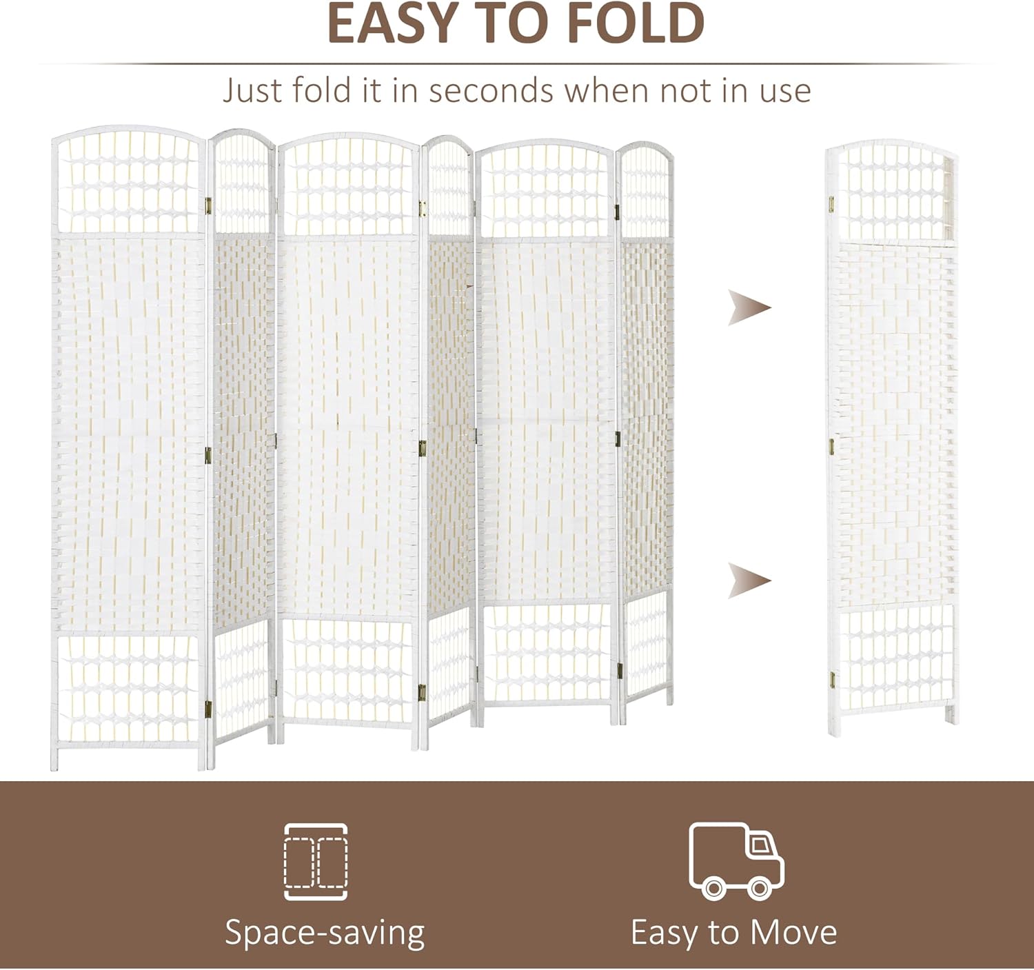 HOMCOM 6 Panel Room Divider, Folding Privacy Screen, 5.6' Room Separator, Wave Fiber Freestanding Partition Wall Divider, White