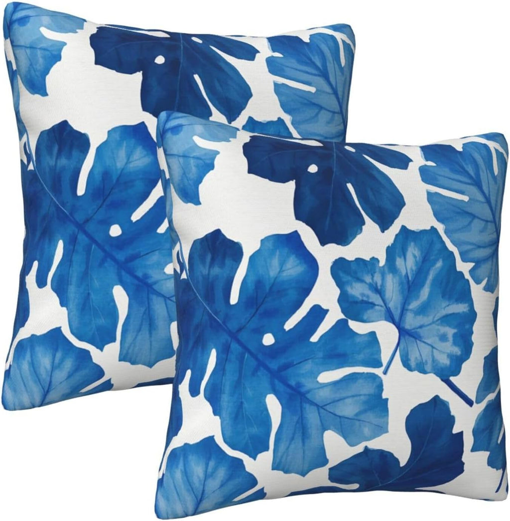 Tropical Blue Monstera Leaf Throw Pillow Covers Set of 2 Ultra-Soft All-Season Pillow Shams with Hidden Zipper,Durable for Sofa Bed Car Decor & Gift 18x18IN