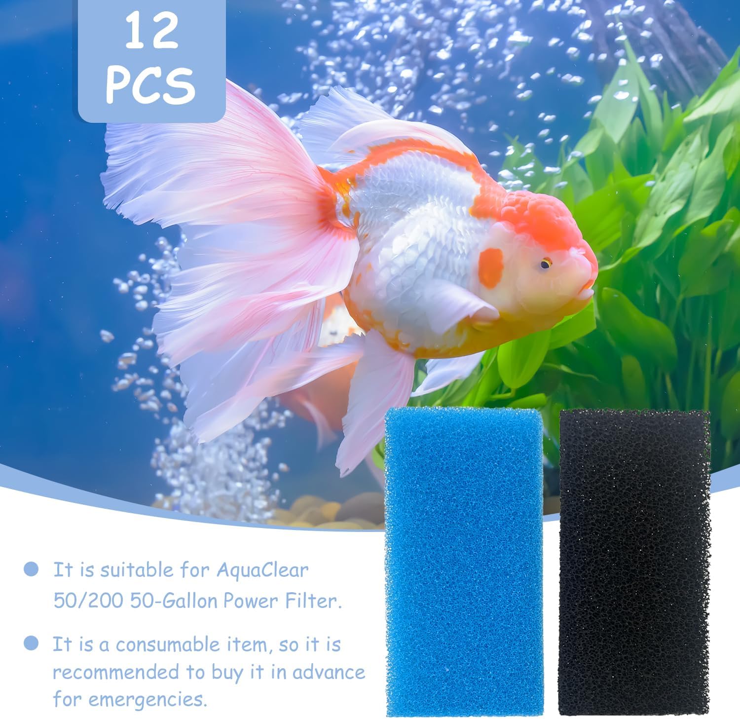 SHIGATSU 12 Pack Replacement Aquarium Filter Sponge and Activated Carbon Pad for AquaClear 50 Power Filter, Maintenance Kit for Fish Tank Filter
