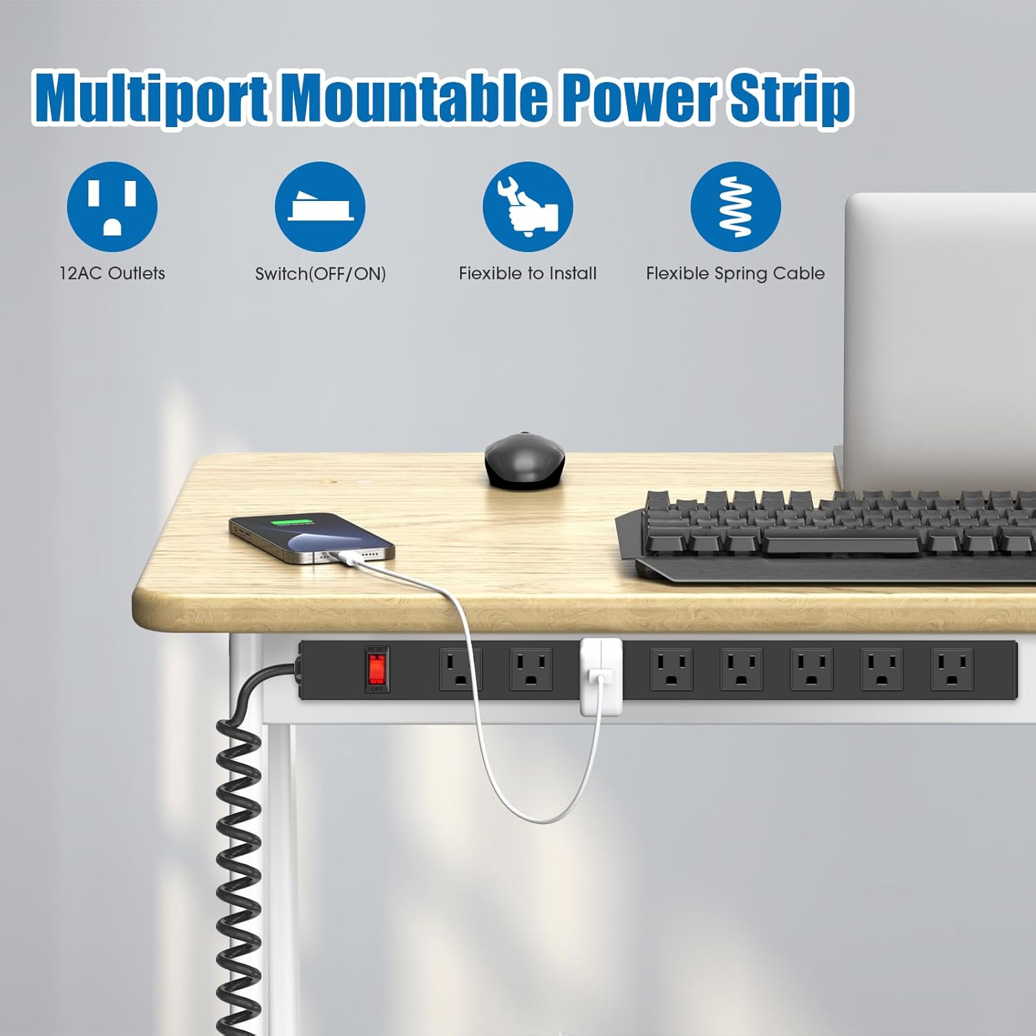 HHSOET 8 Outlet Metal Wall Mount Power Strip, Surge Protector Long Power Strip with Switch, Heavy Duty Wide Spaced Surge Protector, 10 FT SJT 14AWG Black Spring Cord.