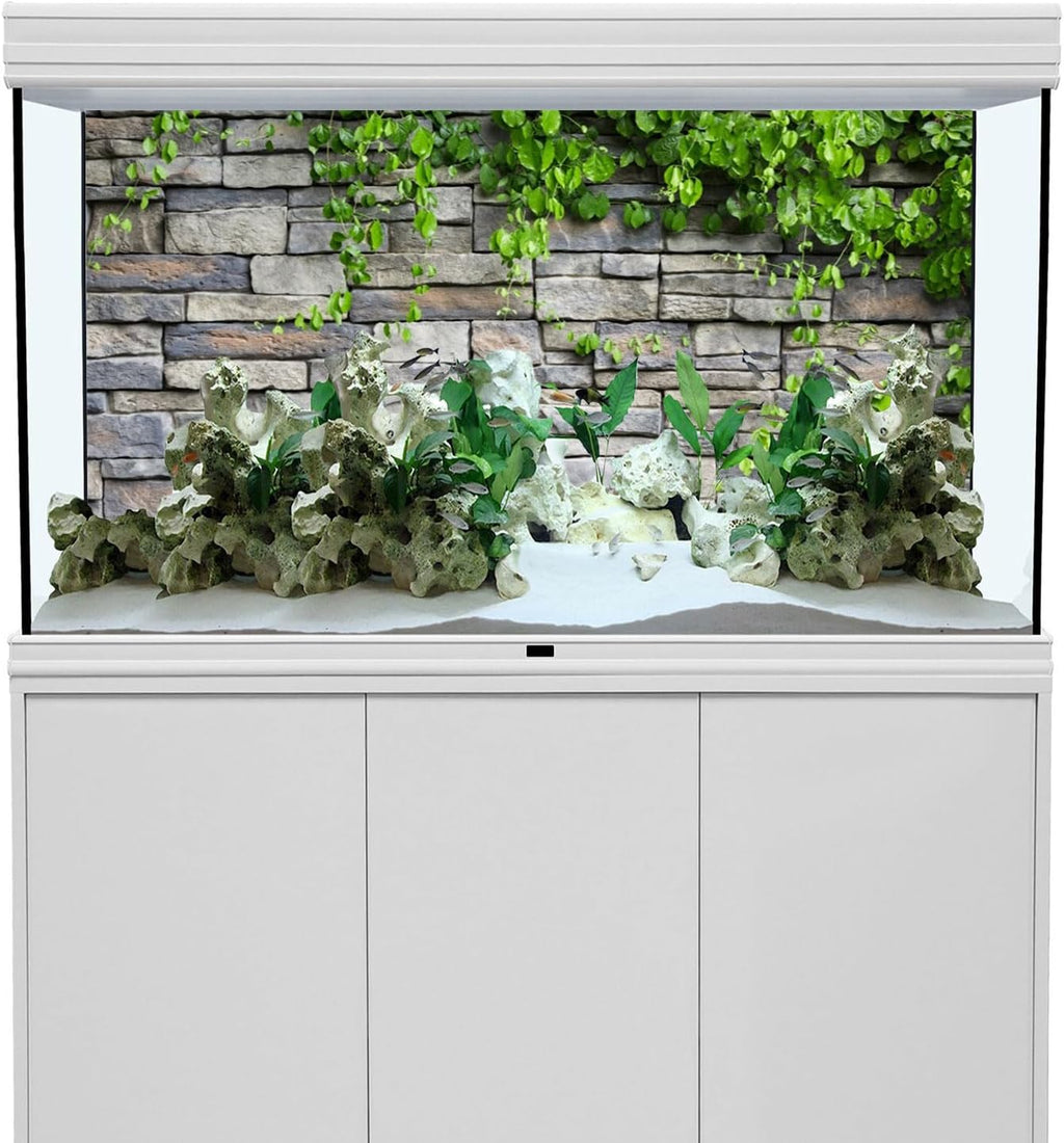 AWERT Vinyl 30x12 inches Stone Brick Wall Aquarium Background Rock Fish Tank Background Spring Leaves Terrarium Background