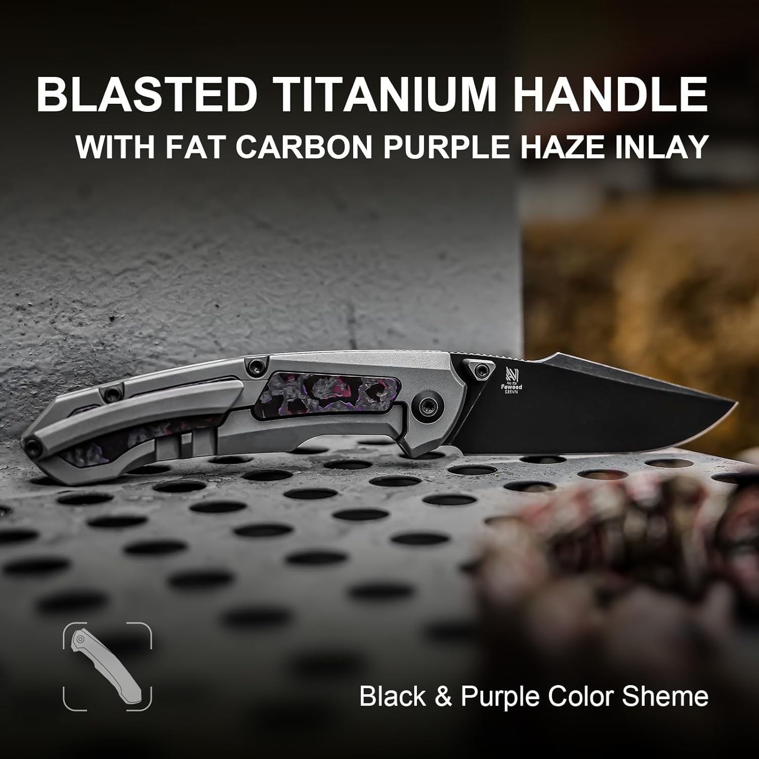 Kizer Feweed Pocket Knife, 2.98" S35VN Clip Point Blade Folding Knife with Titanium & Fat Carbon Purple Haze Handle, Front Flipper & Thumb Stud Opener EDC Knives for Camping Hiking KI3694A1