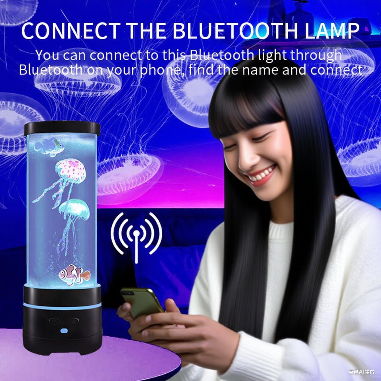 15" Jellyfish Light with Bluetooth Speaker,Black Modern Cylindrical Aquarium with 4 Jellyfish (2 Large + 2 Small), 16-Color Remote Control LED Lights,USB Powered,For Home and Office Decoration