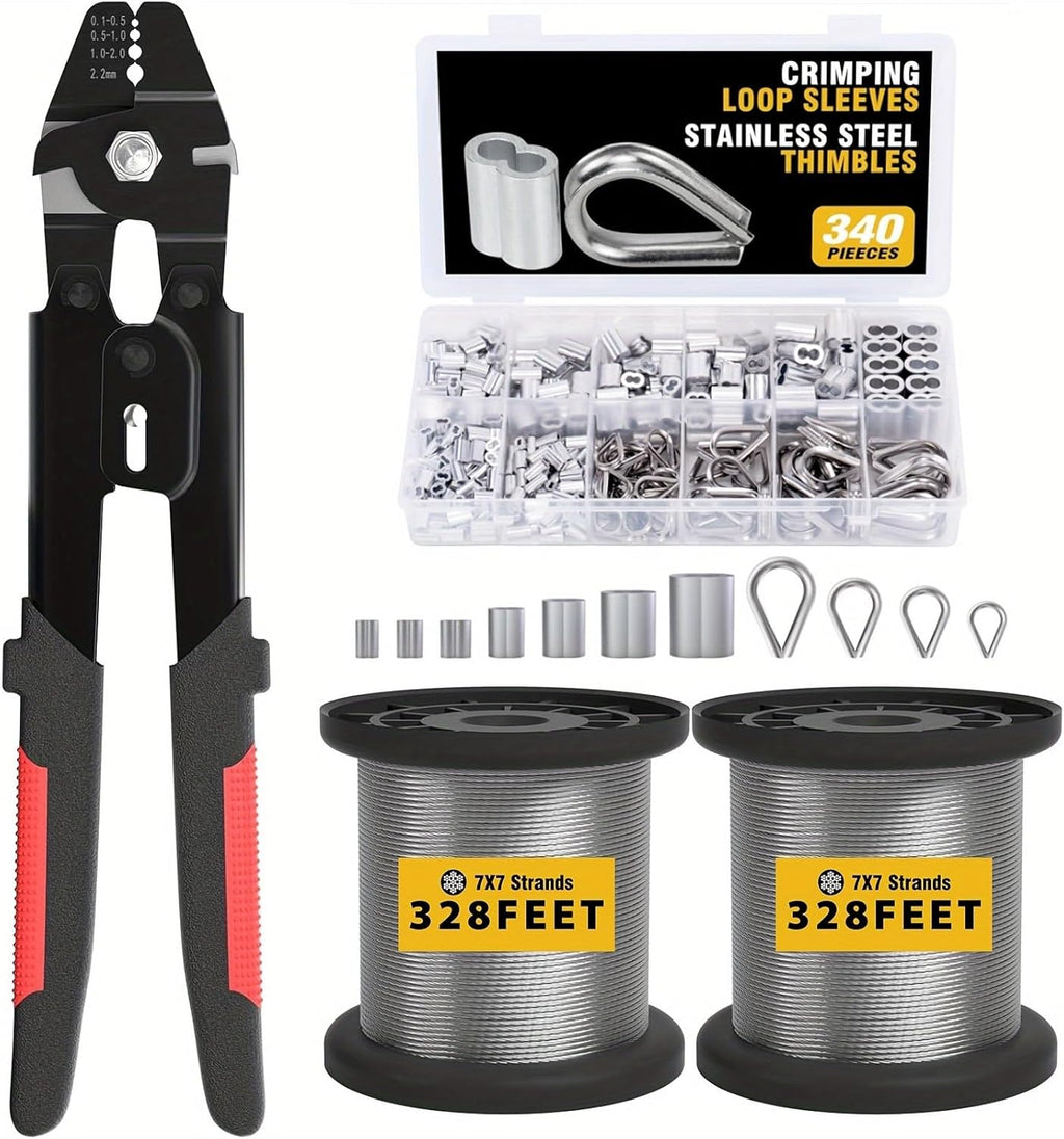Wire Rope Crimp Kit with 656ft Stainless Steel Cable 7x7 Strand Core 1/16'' Aluminum Crimp Loop Sleeves and Wire Rope Stainless Steel Thimble