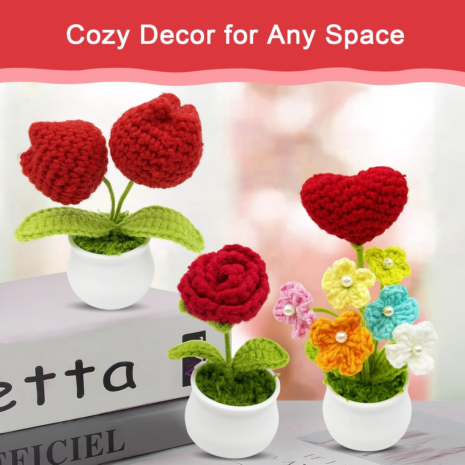 3pcs Crochet Flowers Cute Potted Flower,Mini Flower Bouquet for Mom Wife, Cute Desk Decor for Women,Artificial Handmade Flowers for Car Dashboard,Home Office Decoration (Color#7)