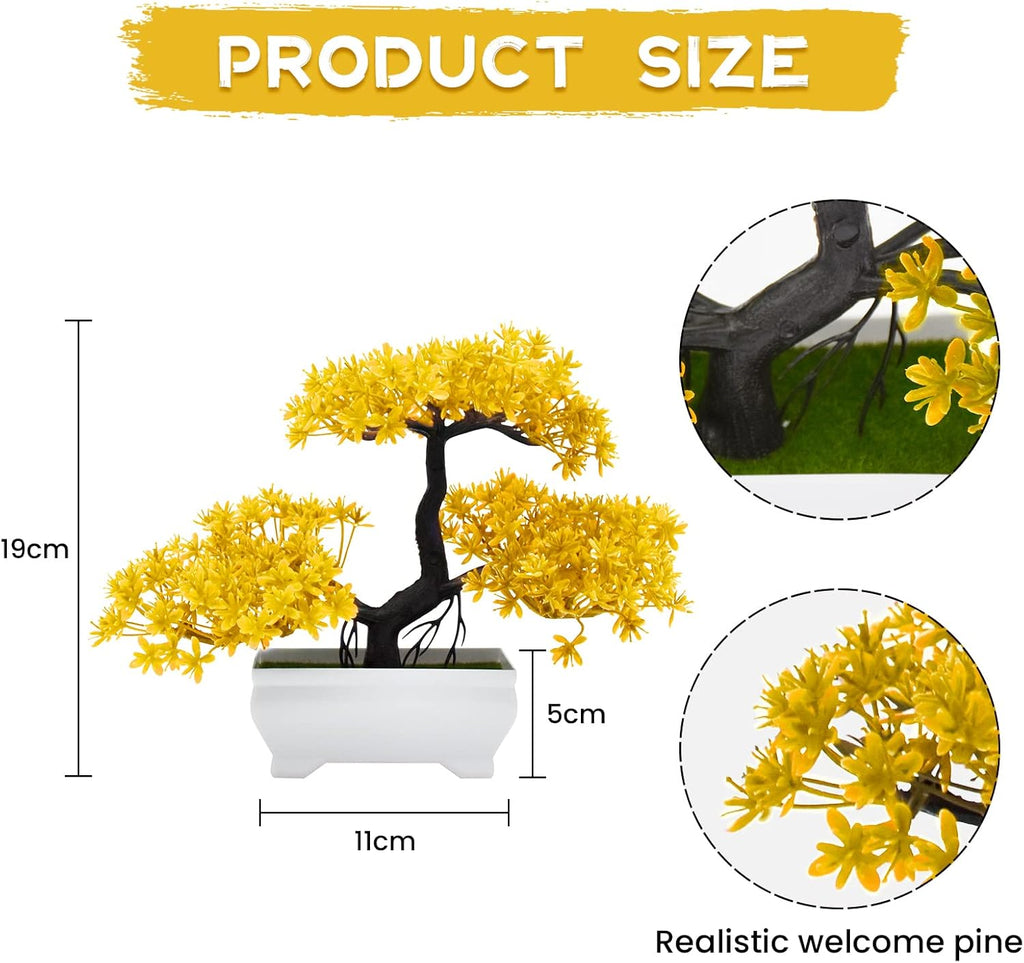 Mini Artificial Bonsai Tree Plants with Plastic Cement Pots for Home Office Décor(Yellow)
