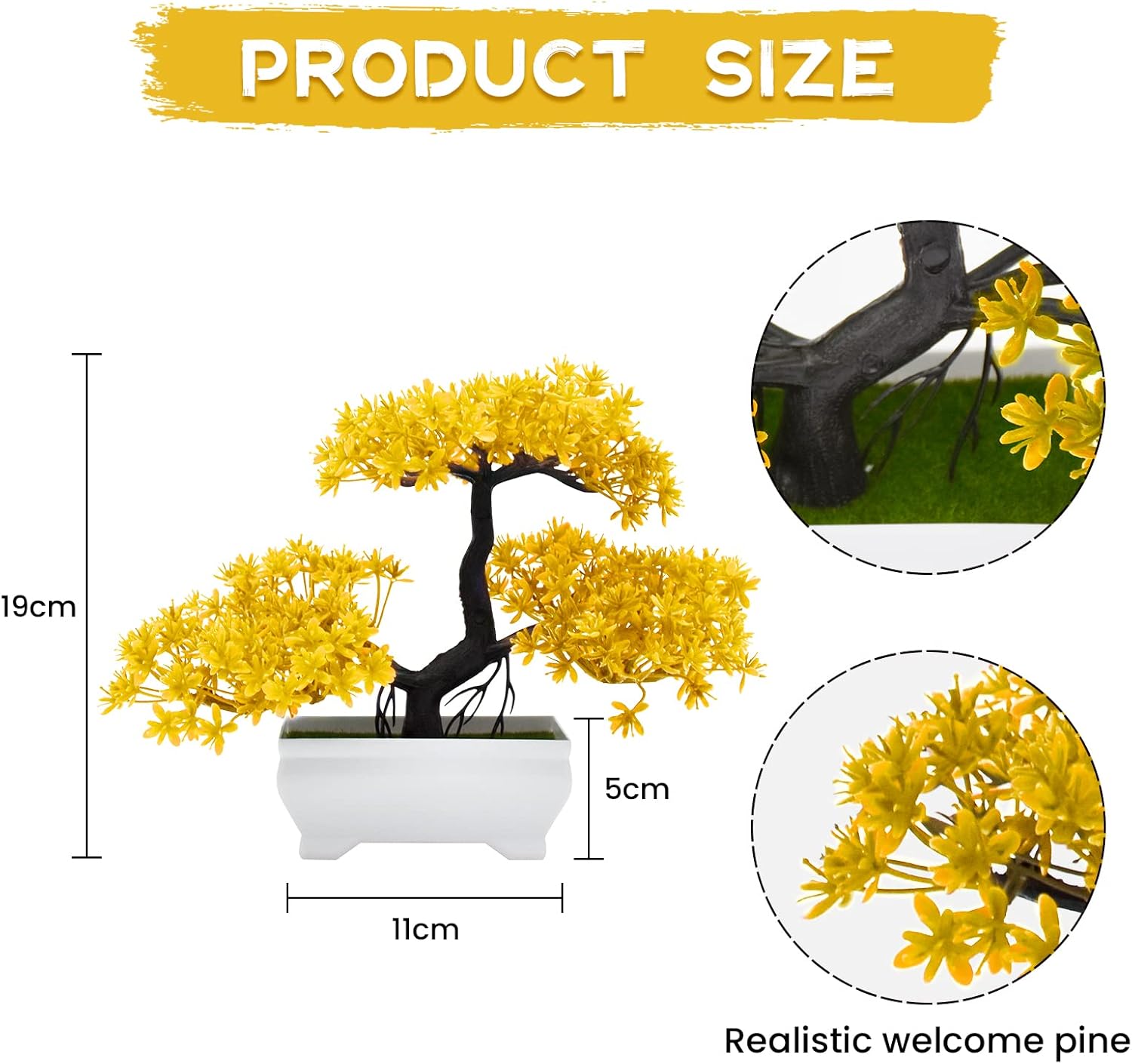 Mini Artificial Bonsai Tree Plants with Plastic Cement Pots for Home Office Décor(Yellow)