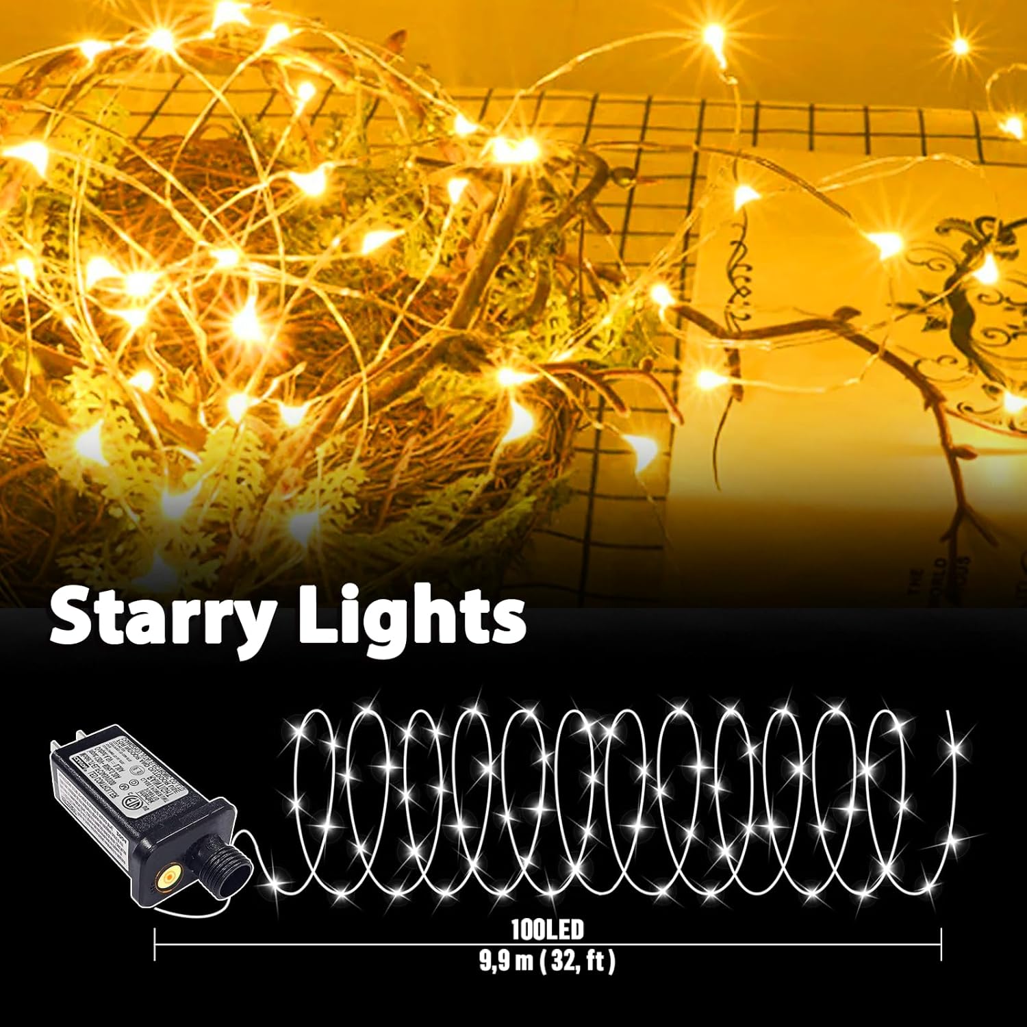 LAMPHOME Fairy Lights Plug in, 33Ft 100 LEDs Waterproof Twinkle Firefly Lights, Adaptor Included, Starry String Lights for Wedding Indoor Outdoor Christmas Patio Garden Decoration, Yellow
