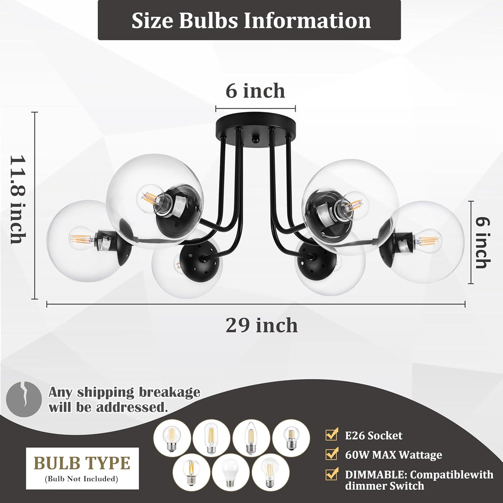 KoKo&Yukina 6-Light Modern Semi Flush Mount Ceiling Light Fixture Mid Century Ceiling Light Globe Ceiling Light with Clear Glass Shade Matte Black Finish for Bedroom Hallway Dining Room Living Room