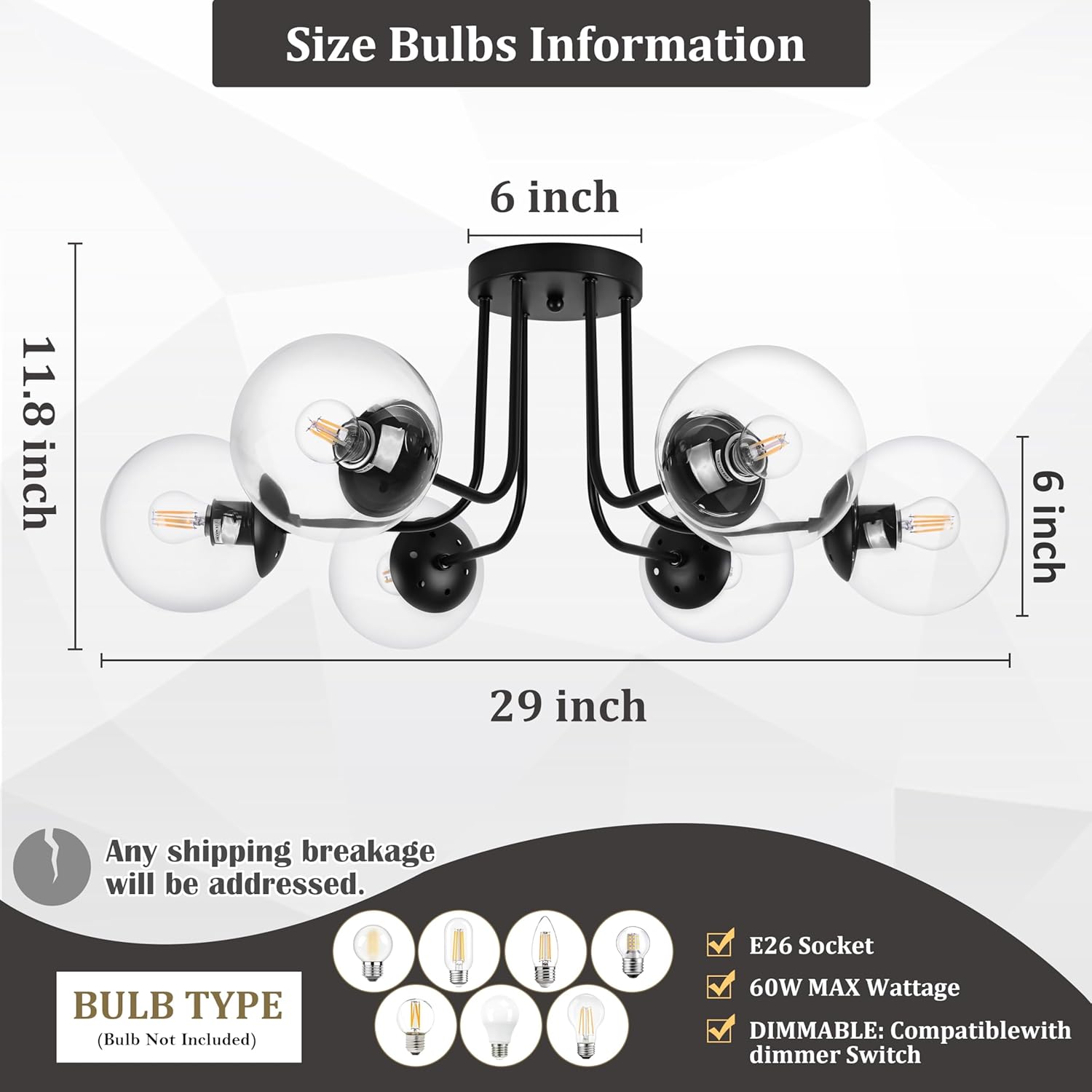 KoKo&Yukina 6-Light Modern Semi Flush Mount Ceiling Light Fixture Mid Century Ceiling Light Globe Ceiling Light with Clear Glass Shade Matte Black Finish for Bedroom Hallway Dining Room Living Room