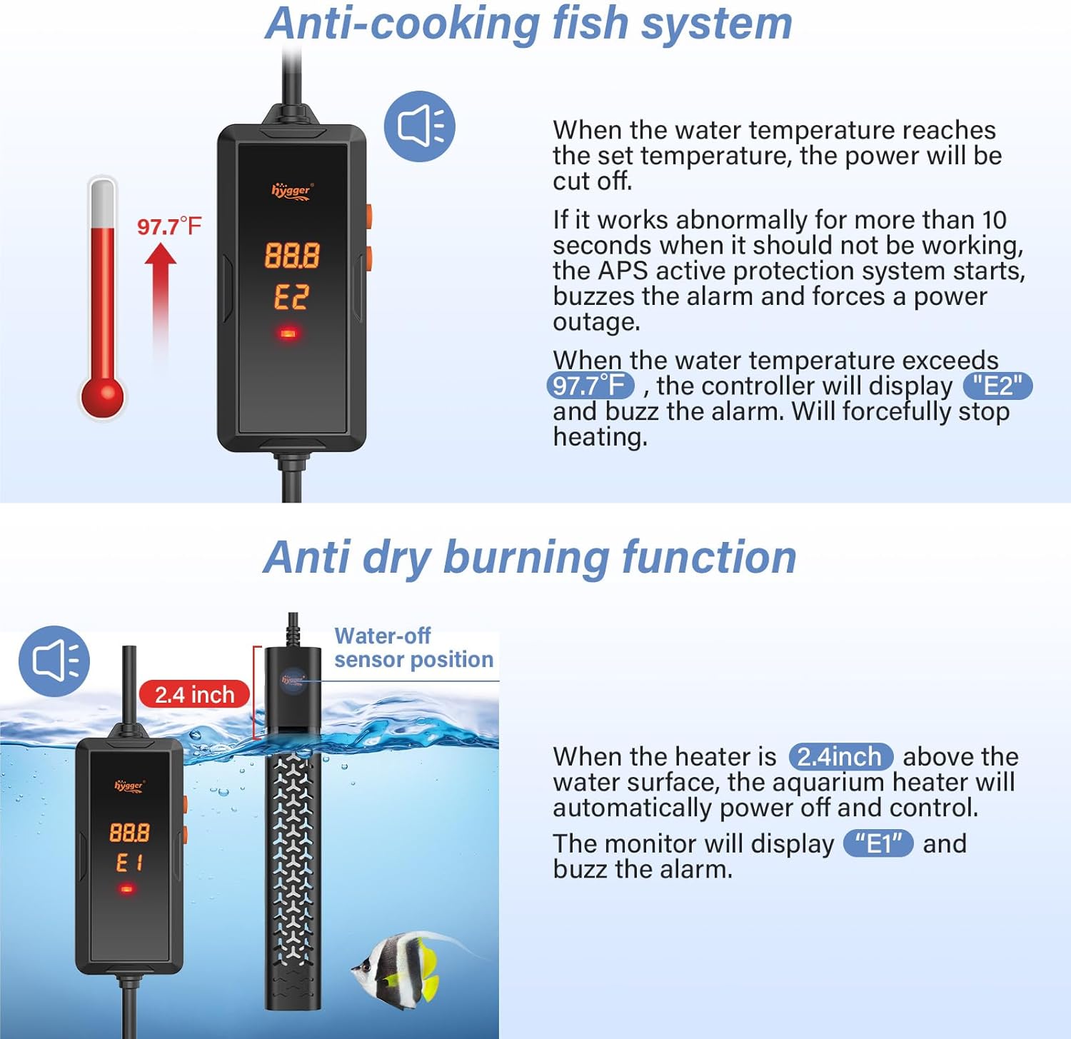 hygger 300w Aquarium Heater, Fish Tank Heater with Intelligent Temperature Control, Over-Temperature Protection and Automatic Power-Off When Leaving Water, for 40-75 Gallon Tanks