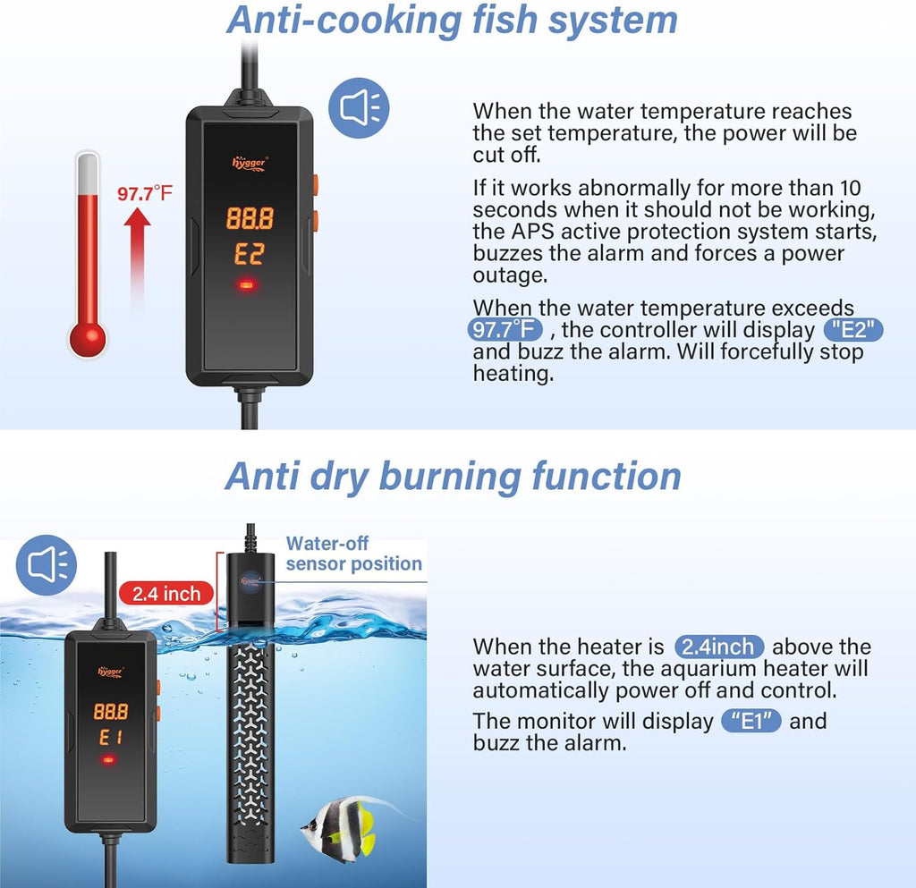 hygger 200w Aquarium Heater, Submersible Fish Tank Heater with Intelligent Temperature Control and Leaving Water Automatically Stop Heating System, for 20-40 Gallon Tanks