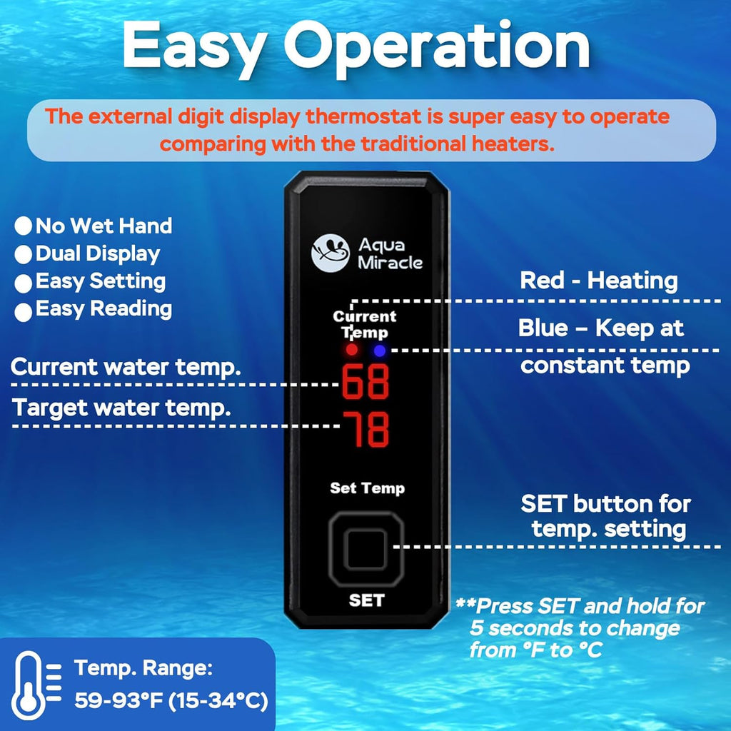AquaMiracle 100W Small Aquarium Heater Fish Heater, Super Mini Fish Tank Heater Turtle Tank Heater for 10-20 Gal Tanks, with Dual LED Display, Dry-Run/Overheating Protection & Memory Function