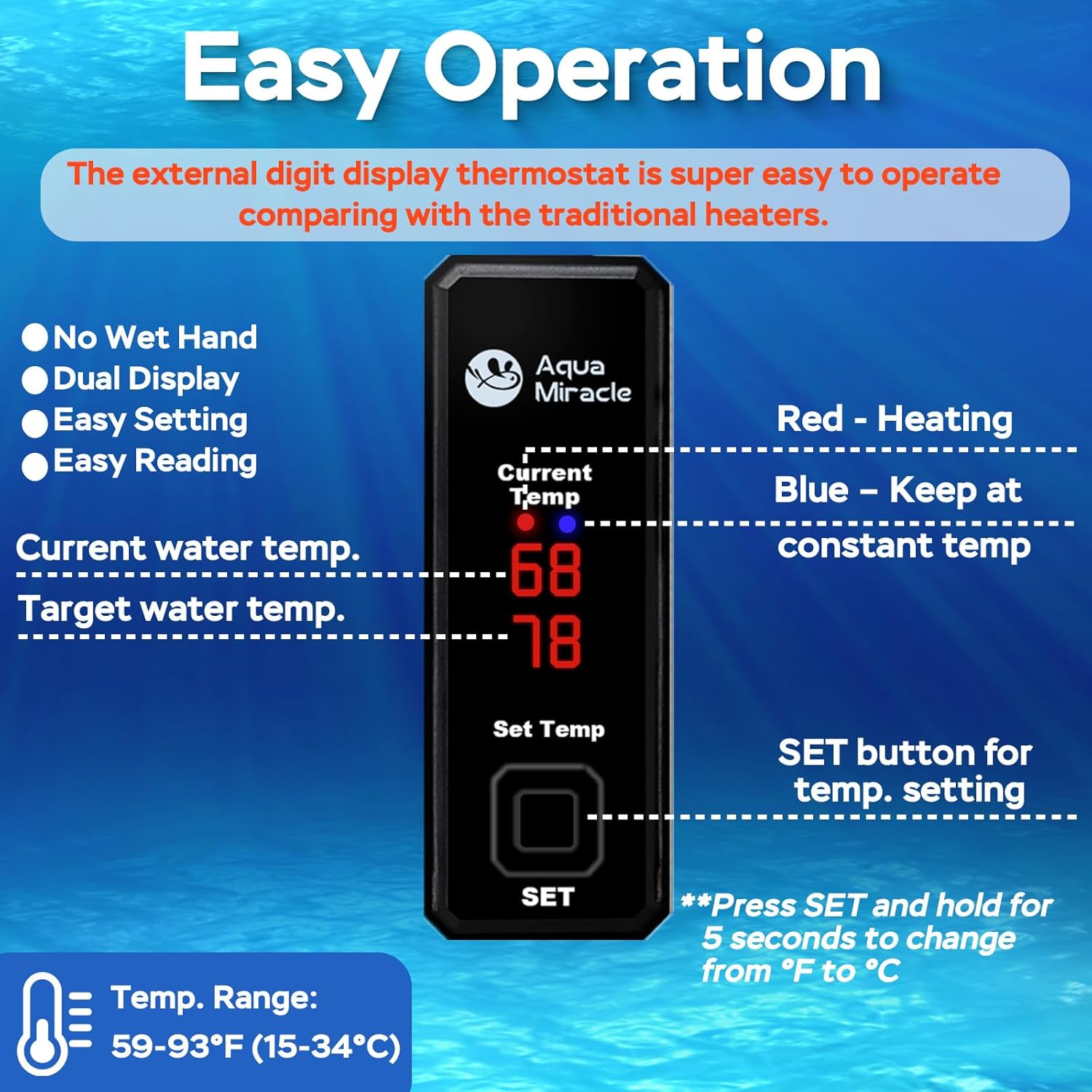 AquaMiracle 15W Small Aquarium Heater Fish Heater, Super Mini Fish Tank Heater Turtle Tank Heater for 1-3 Gal Tanks, with Dual LED Display, Dry-Run/Overheating Protection & Memory Function