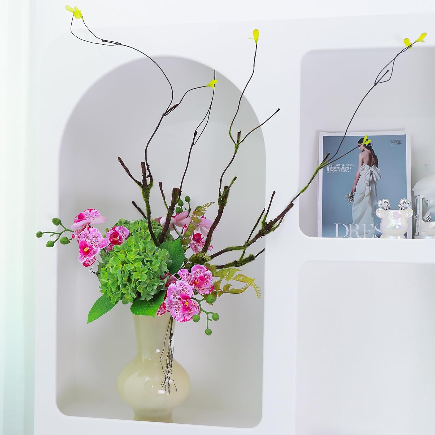 2Pcs 100cm/39in Artificial Cherry Blossom Trees Branches Natural Garland Wood Twigs Bendable Vine Trunk Silk Plants with Moss for Wall Hanging Photo Home Room Garden Reptile Decoration