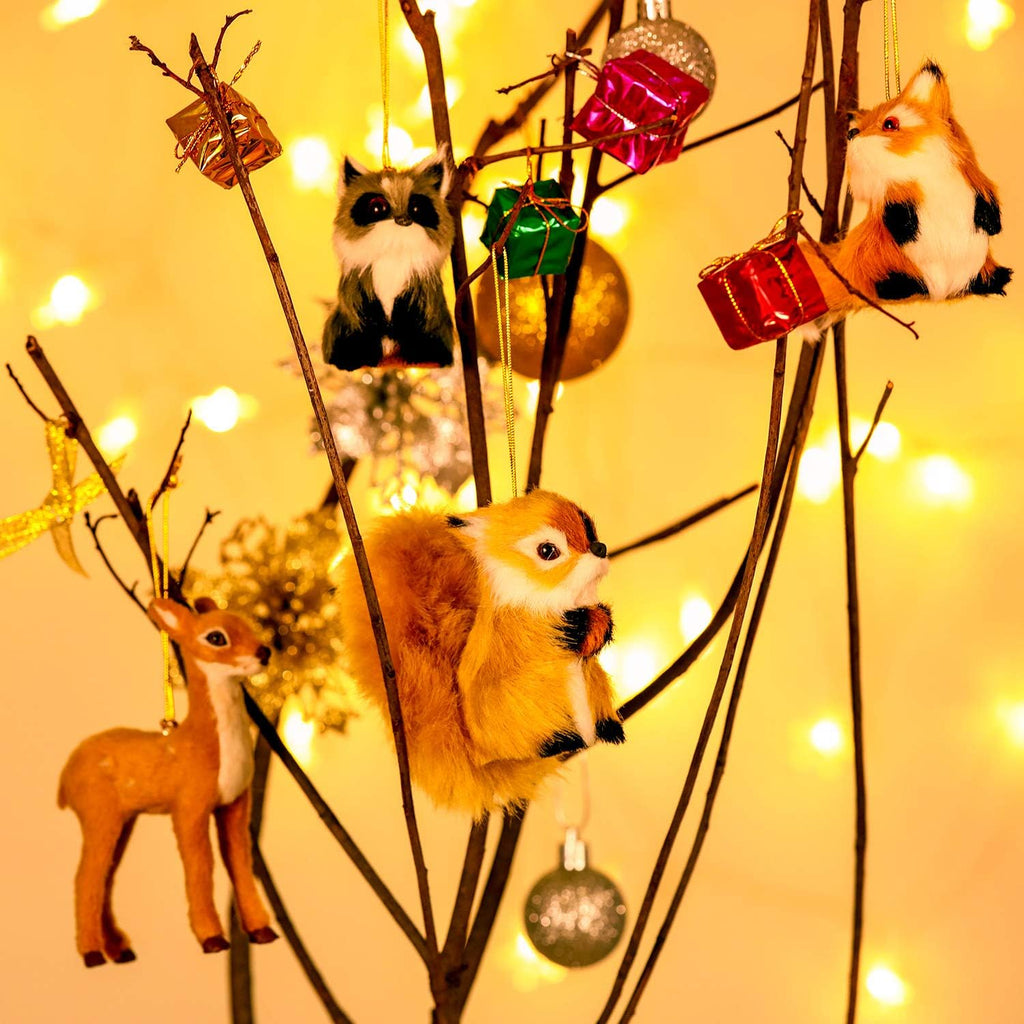 Gejoy 4 Pieces Woodland Animal Christmas Ornaments Furry Fur Plush Animal Forest Animal Tree Hanging Ornament Holiday Animal Christmas Tree Decoration for Christmas Supplies