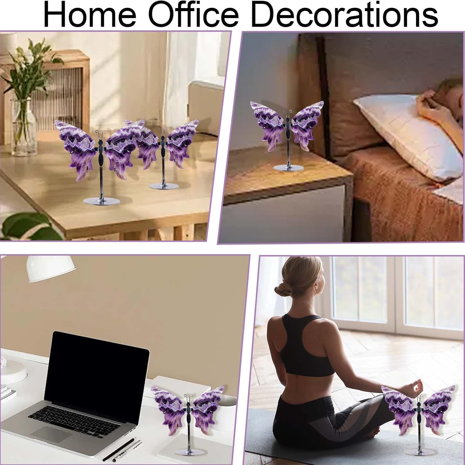 Apengshi Natural Genuine Crystal Statues Butterfly Ornament, Amethyst Agate Wings, Home Office Tabletop Decor (Amethyst)