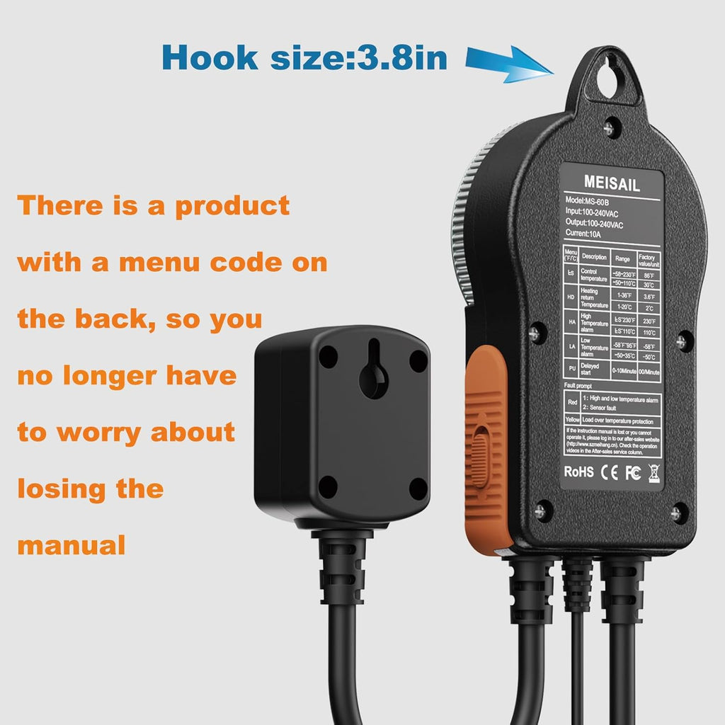 Temperature Controller, for Aquaculture or Plant Seedling, Pet Temperature Controller, Reptile Thermostat, with Overheat Protection and Dualensor Smart Protection