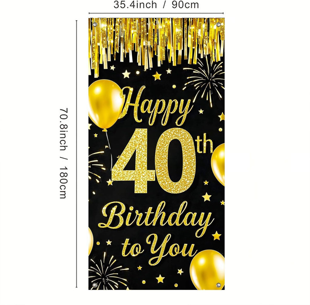 IVN 40th Birthday Door Cover 71x35 Inch Black Gold Birthday Banner for Party Decorations Balloons Stars Fireworks Backdrop Sign for Men Women Photo Booth Prop Wall Decor