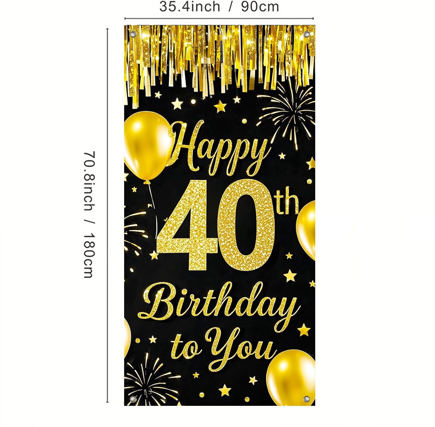 IVN 40th Birthday Door Cover 71x35 Inch Black Gold Birthday Banner for Party Decorations Balloons Stars Fireworks Backdrop Sign for Men Women Photo Booth Prop Wall Decor