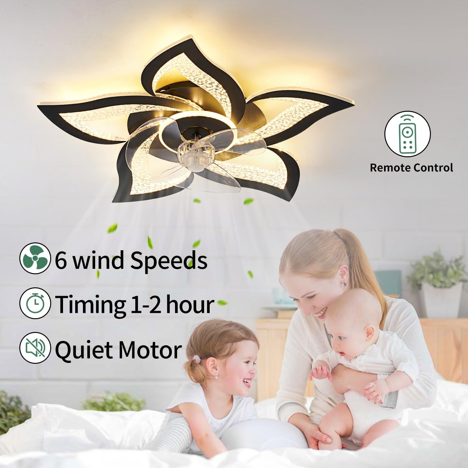 Ceiling Fan with Lights Remote Control, Black Personalized Ceiling Fan with Light, 6 Speeds 3 Light Color Flush Mount Ceiling Fan for Kitchen Bedroom