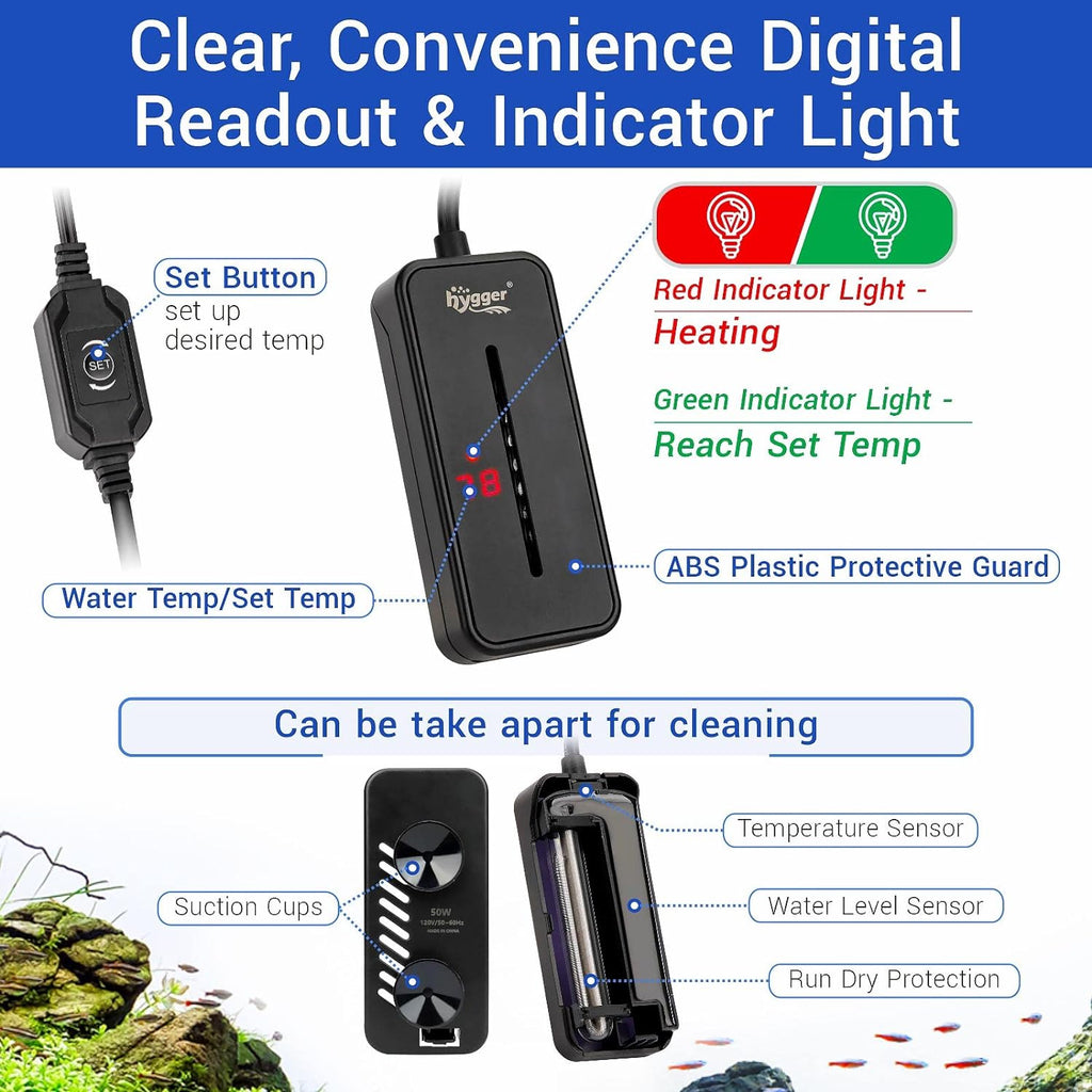 hygger Small Submersible Aquarium Heater 15W Mini Betta Fish Tank Heater with LED Display Adjustable Temperature for 1-2.5 Gallon Freshwater Saltwater Coral Reef Tanks