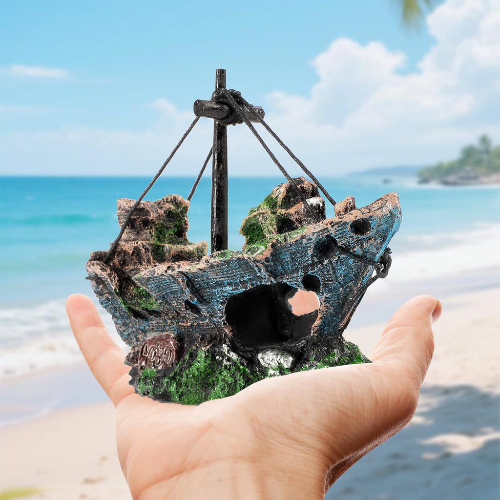 Fish Tank Decorations Set Sunken Ship Decoration,Resin Material Fish Tank Plants Accessories for Natural Look, Aquarium Shipwreck x 1pc, Aquatic Plants x 5pcs