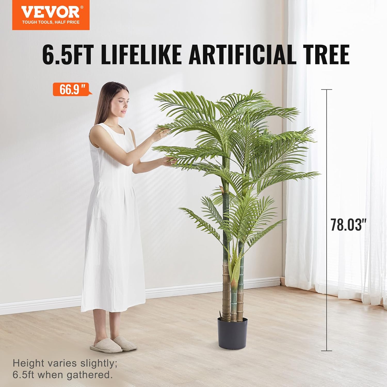 VEVOR Artificial Golden Cane Palm Tree, 6.5 FT Tall Faux Plant, PE Material & Anti-Tip Tilt Protection Low-Maintenance Plant, Lifelike Green Fake Tree for Home Office Warehouse Decor Indoor Outdoor